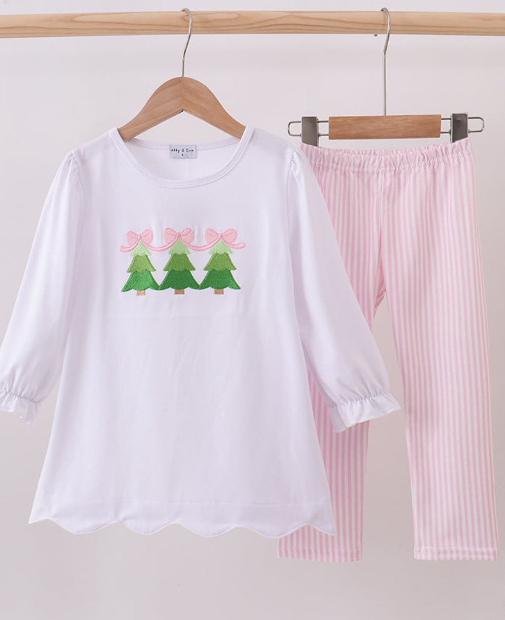 Pink Christmas Tree Embroidery Girl’s Pants Set