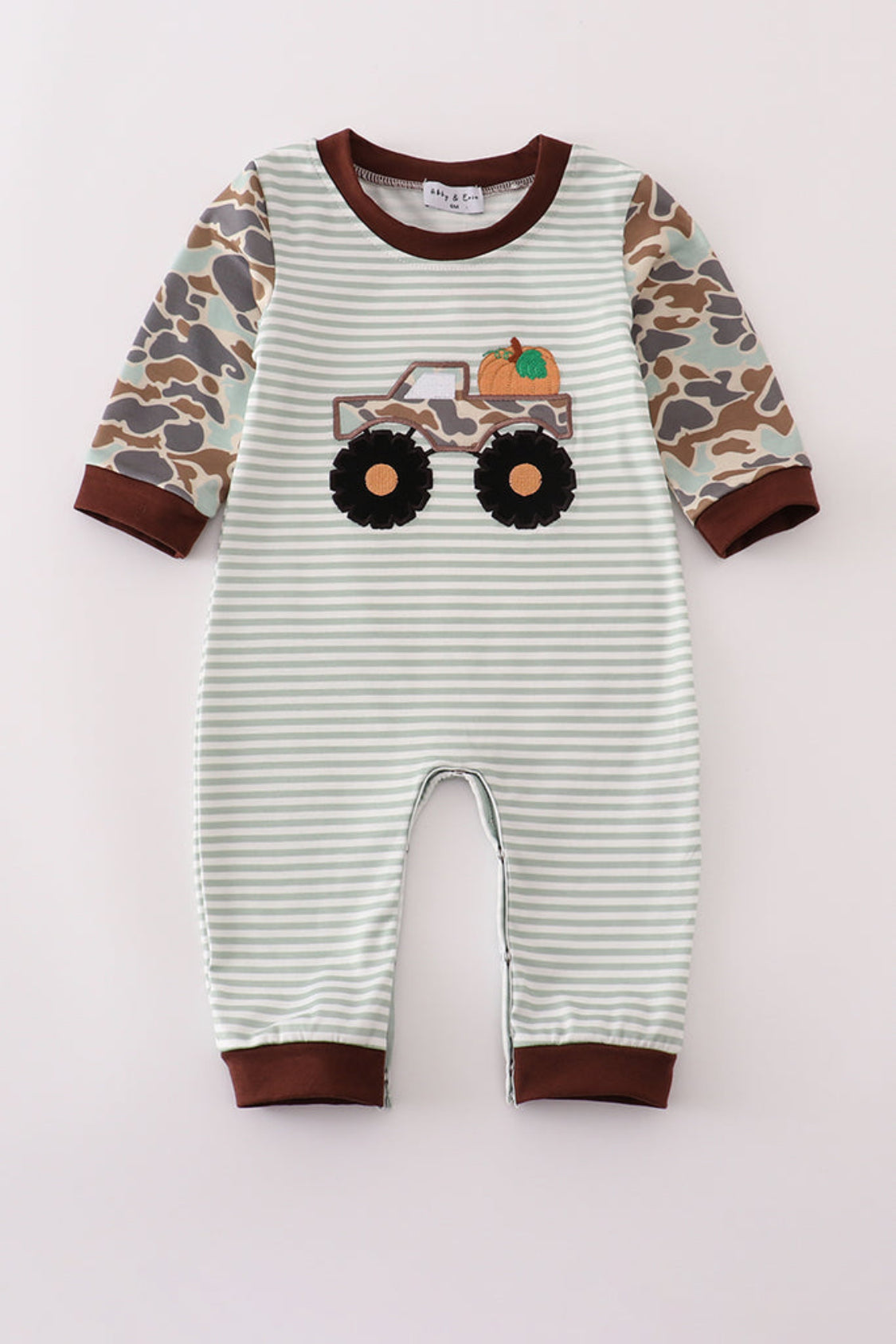 Camouflage Truck Pumpkin Appliqué Stripe Boy’s Romper