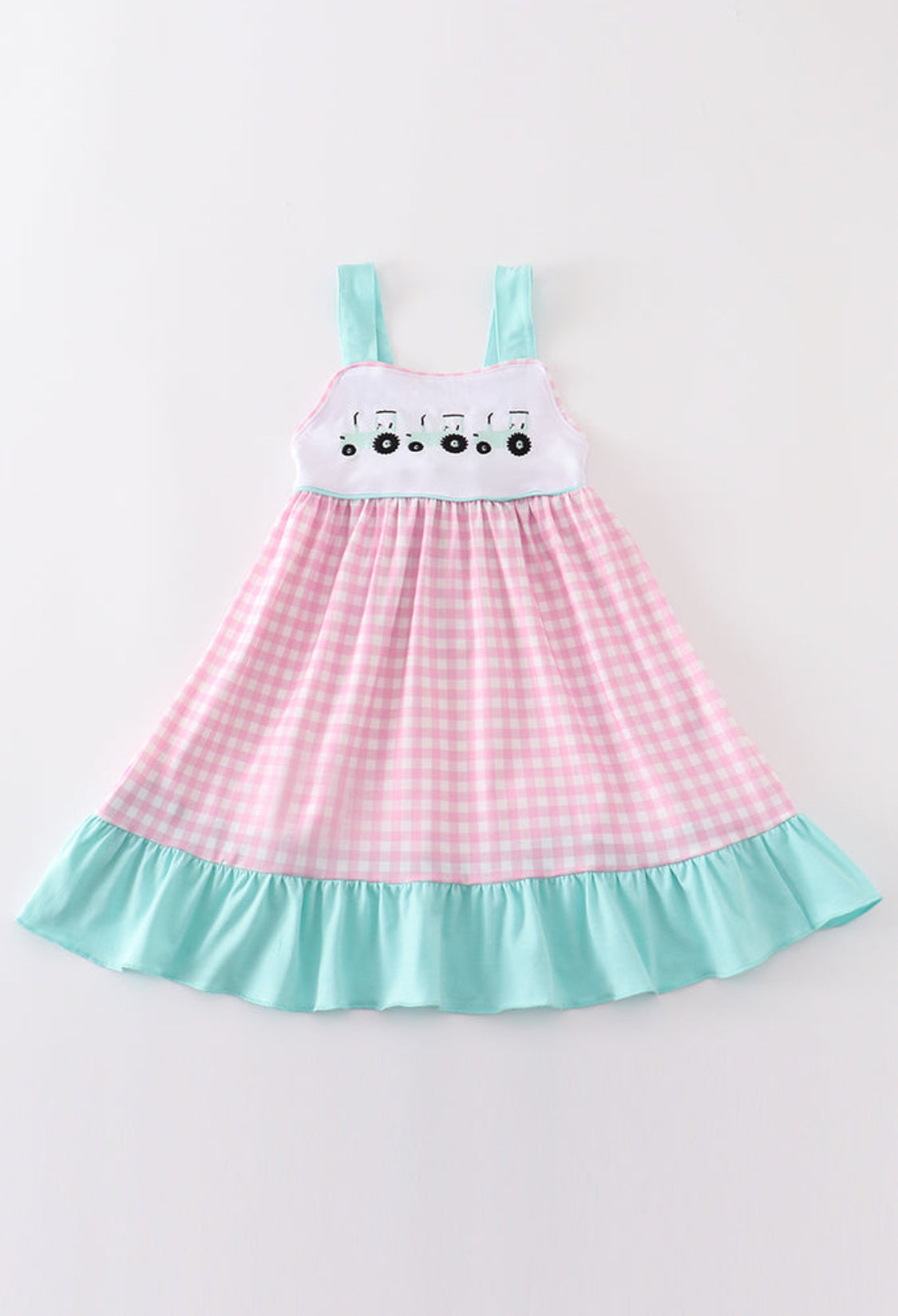 Pink Tractor Embroidery Plaid Dress