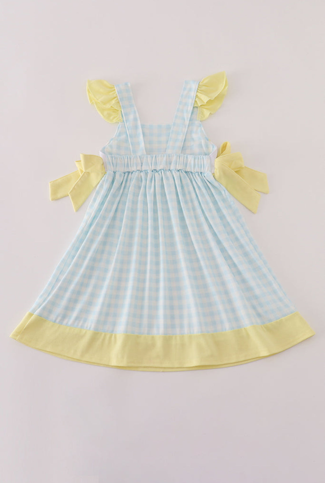 Blue Character Embroidery Gingham Ruffle Dress