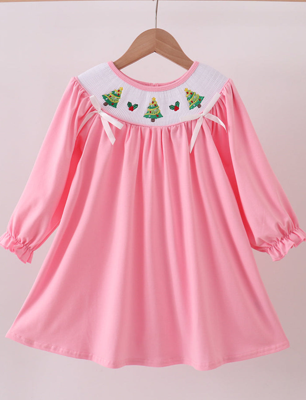 Pink Christmas Tree Smocked Ruffle Dress