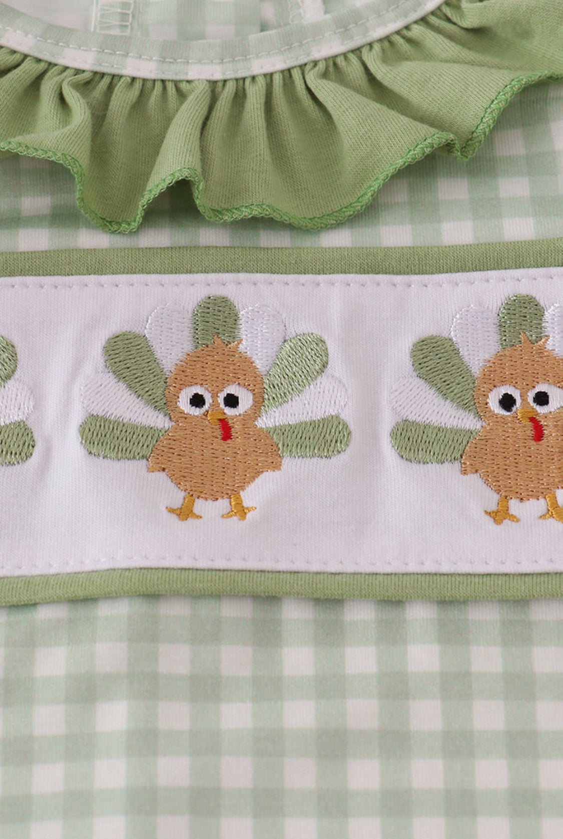 Sage Turkey Embroidery Gingham Ruffle Girl’s Romper