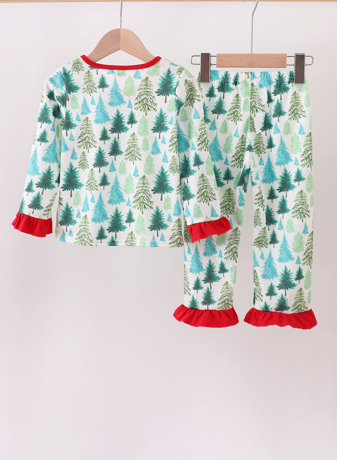 Green Christmas Tree Print Ruffle Girl’s Pajamas Set