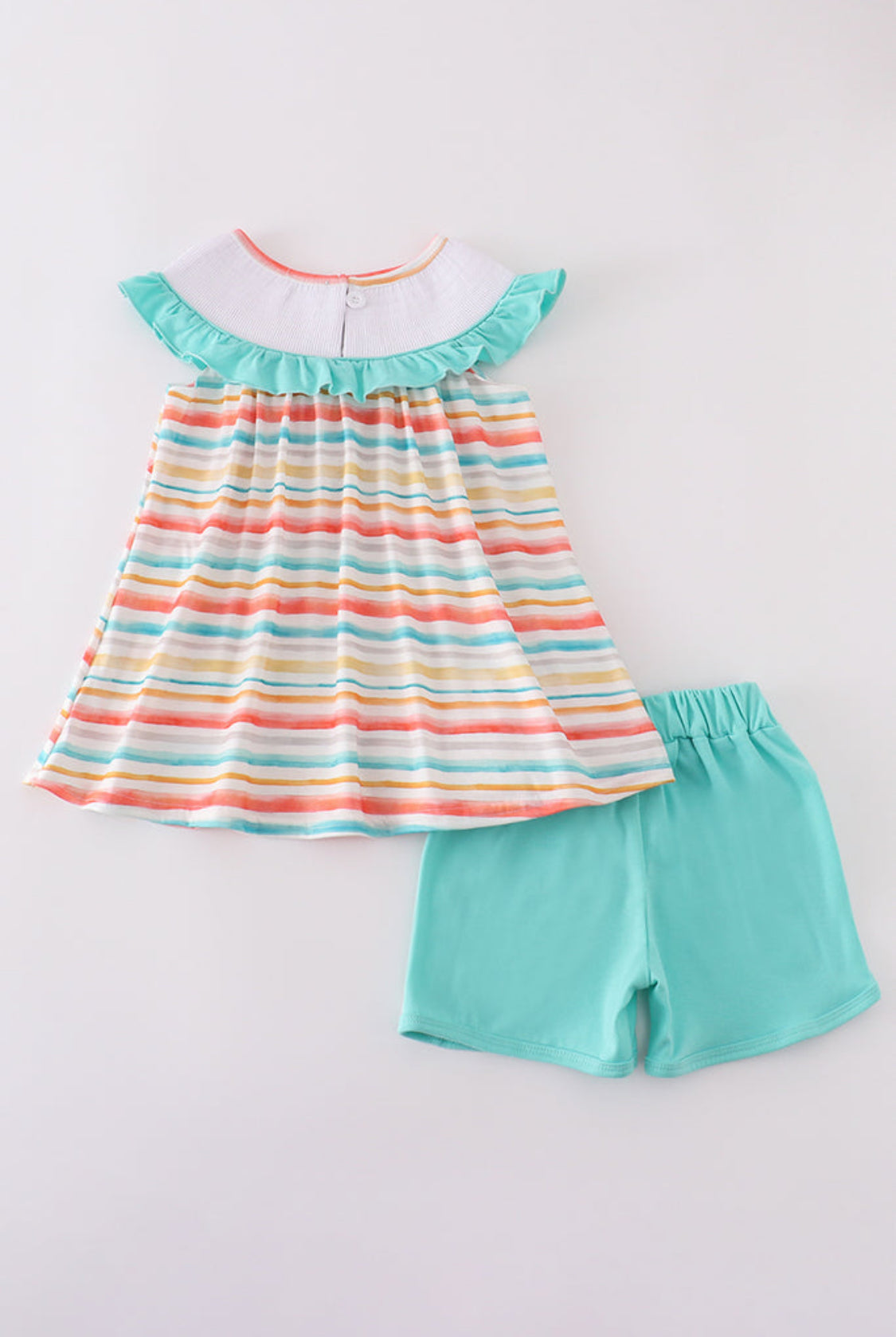Rainbow Stripe Marine Creature Embroidery Smocked Girl’s Shorts Set