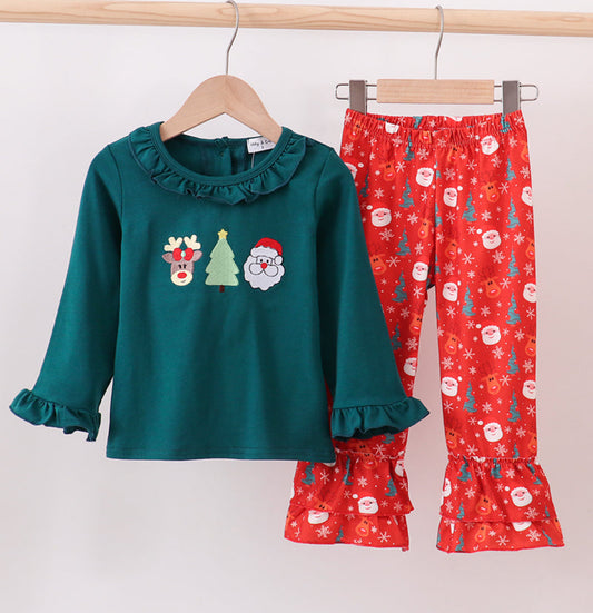 Green Christmas Santa Claus Embroidery Ruffle Girl’s Pants Set