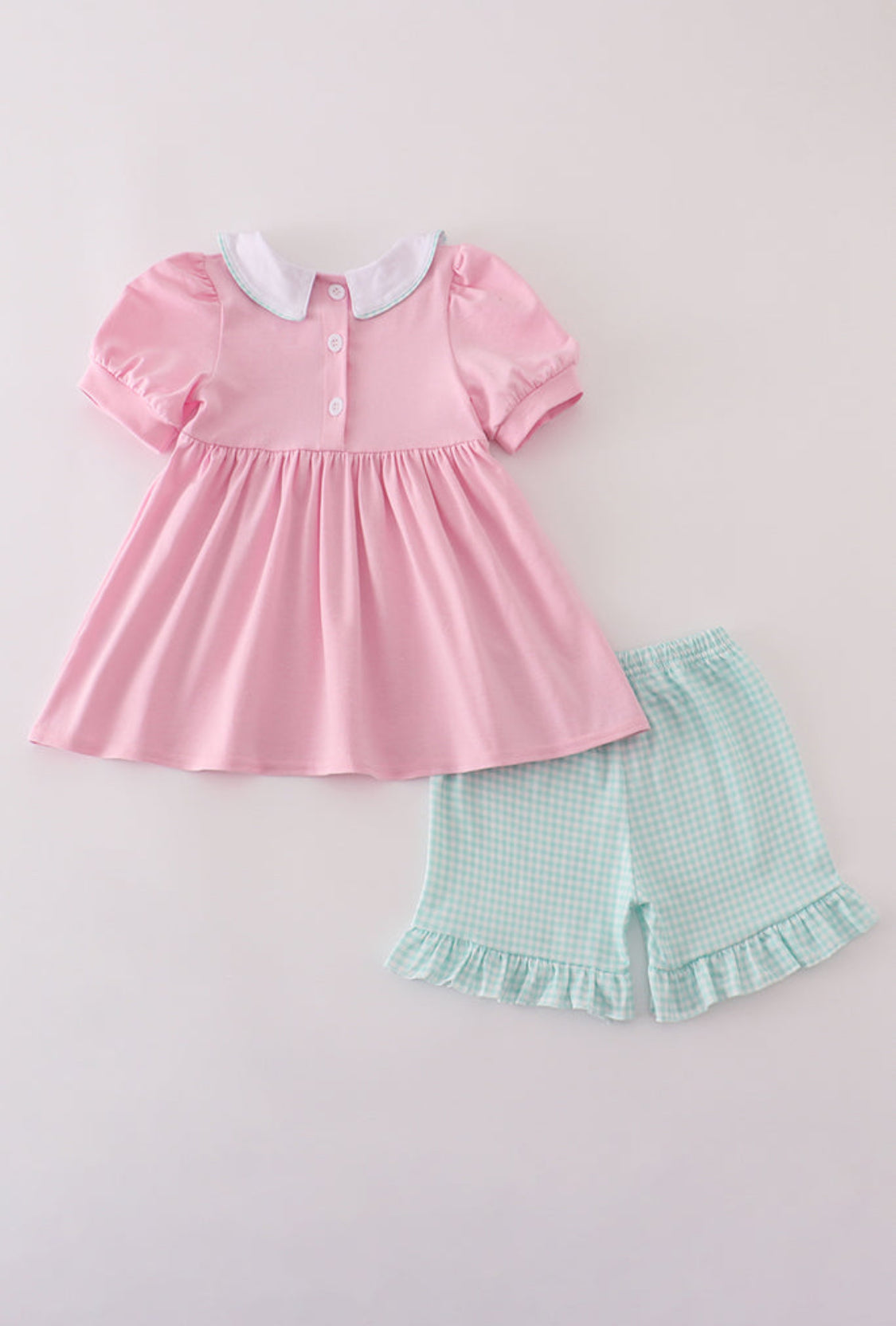 Pink Teapot Embroidery Puff Sleeve Girl’s Short Set