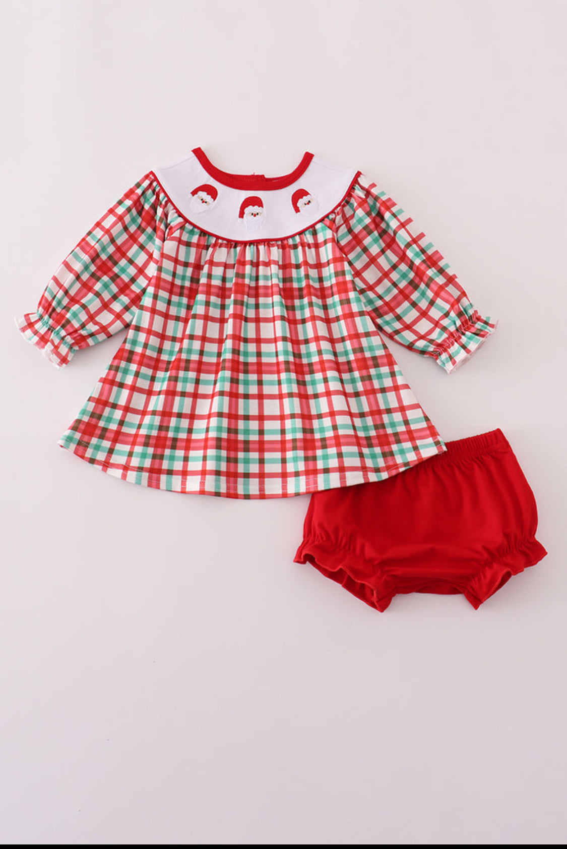 Red Santa Claus Embroidery Plaid Girl’s Bloomer Set