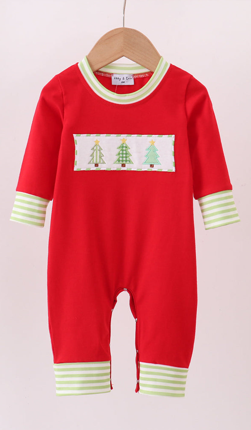 Red Christmas Tree Embroidery Boy’s Romper