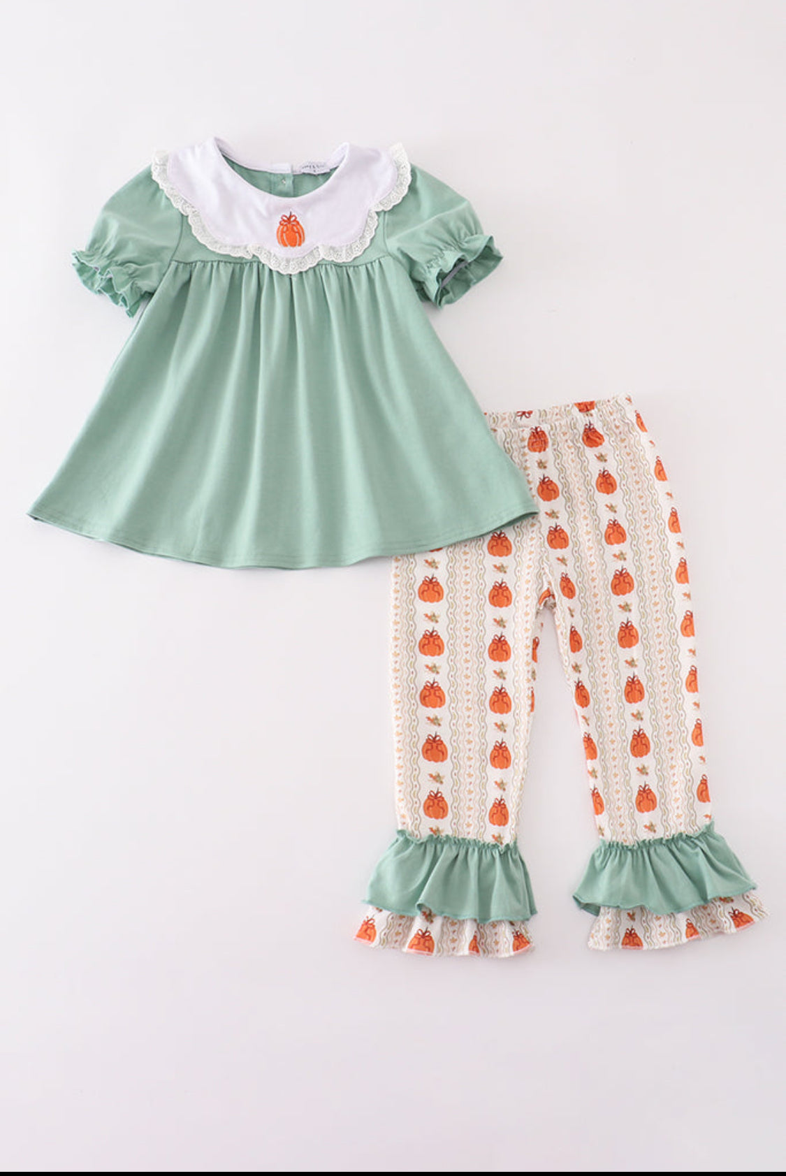 Green Pumpkin Bow Embroidery Ruffle Girl’s Pants Set