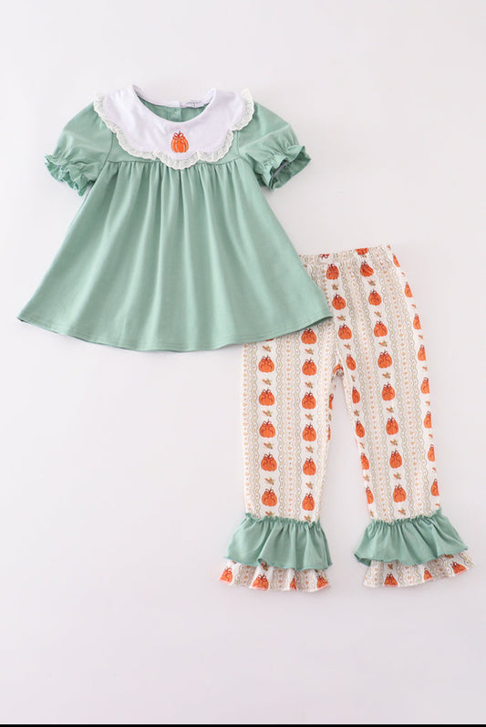 Green Pumpkin Bow Embroidery Ruffle Girl’s Pants Set
