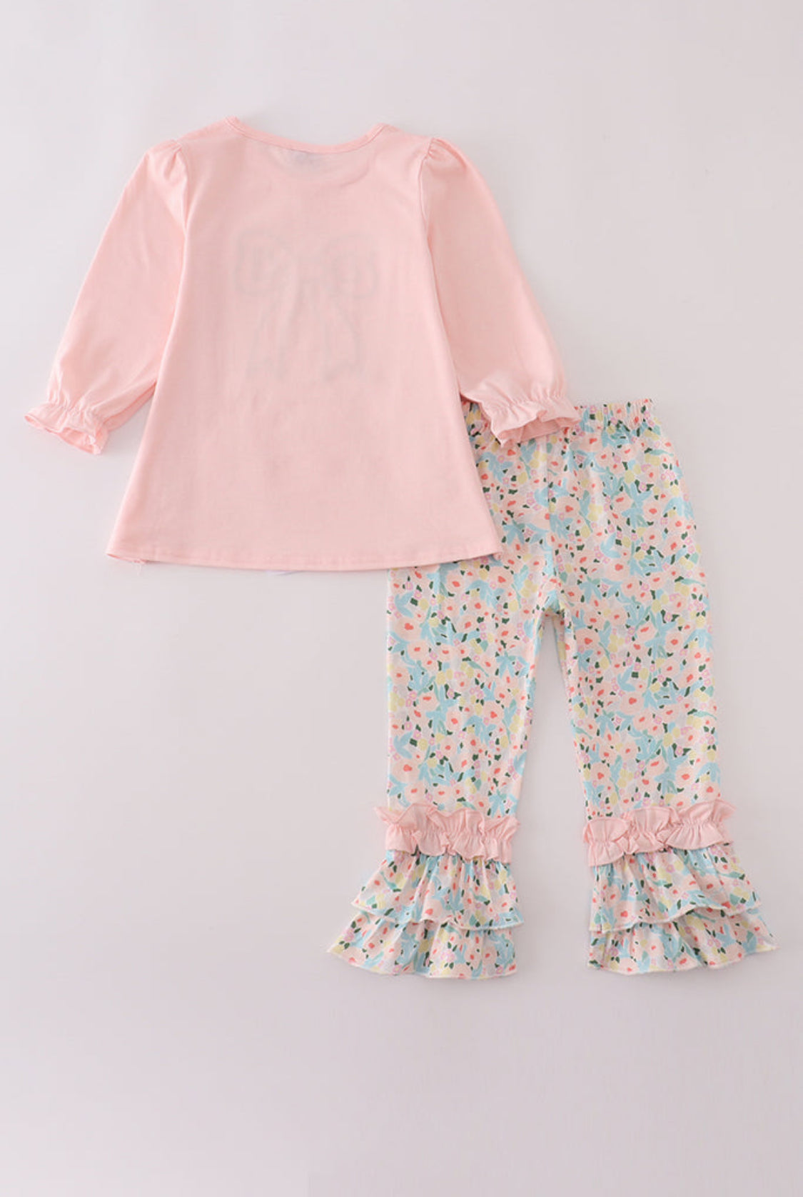 Pink Floral Bow Appliqué Ruffle Girl’s Pants Set