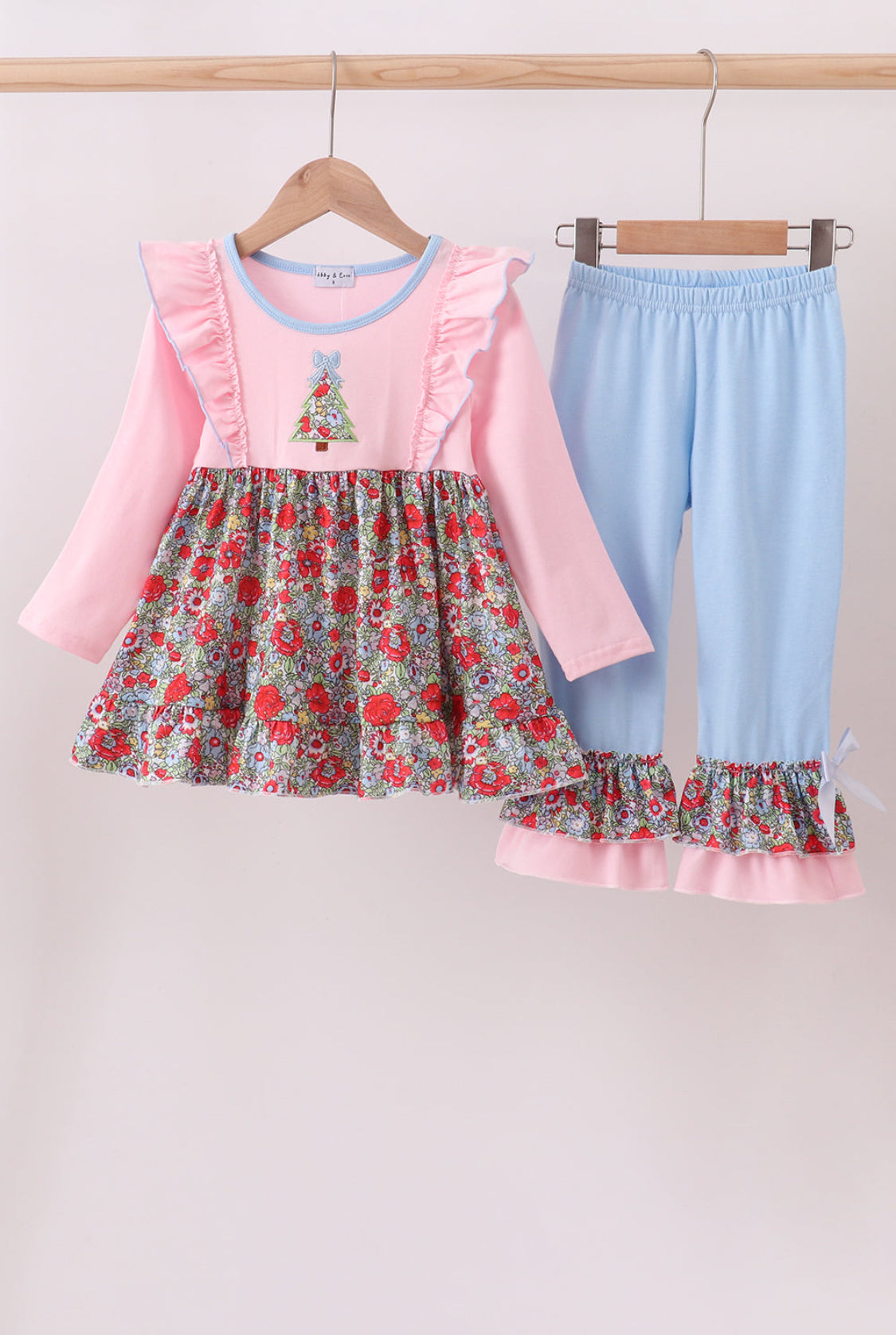 Pink Christmas Tree Appliqué Ruffle Girl’s Pants Set I