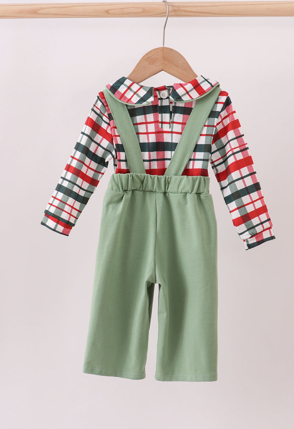 Green Christmas Reindeer Appliqué Plaid 2pc Boy’s Jumpsuit Set