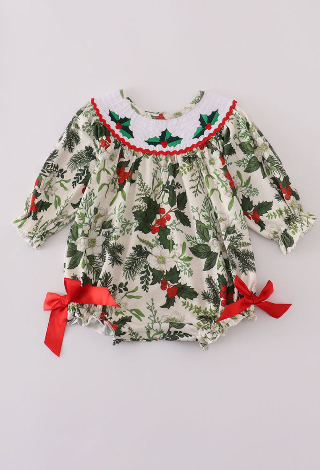 Green Holly FloralSmocked Bow Girl’s Bubble