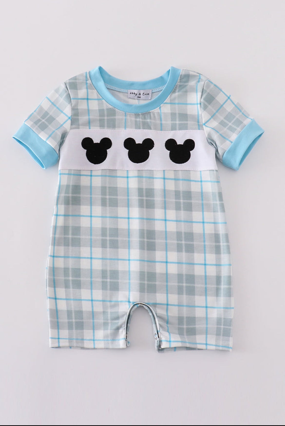 Boy’s Blue Plaid Character Embroidered Romper