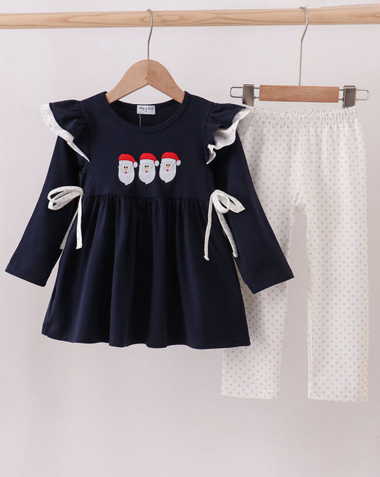 Navy Christmas Santa Claus Embroidery Girl’s Pants Set