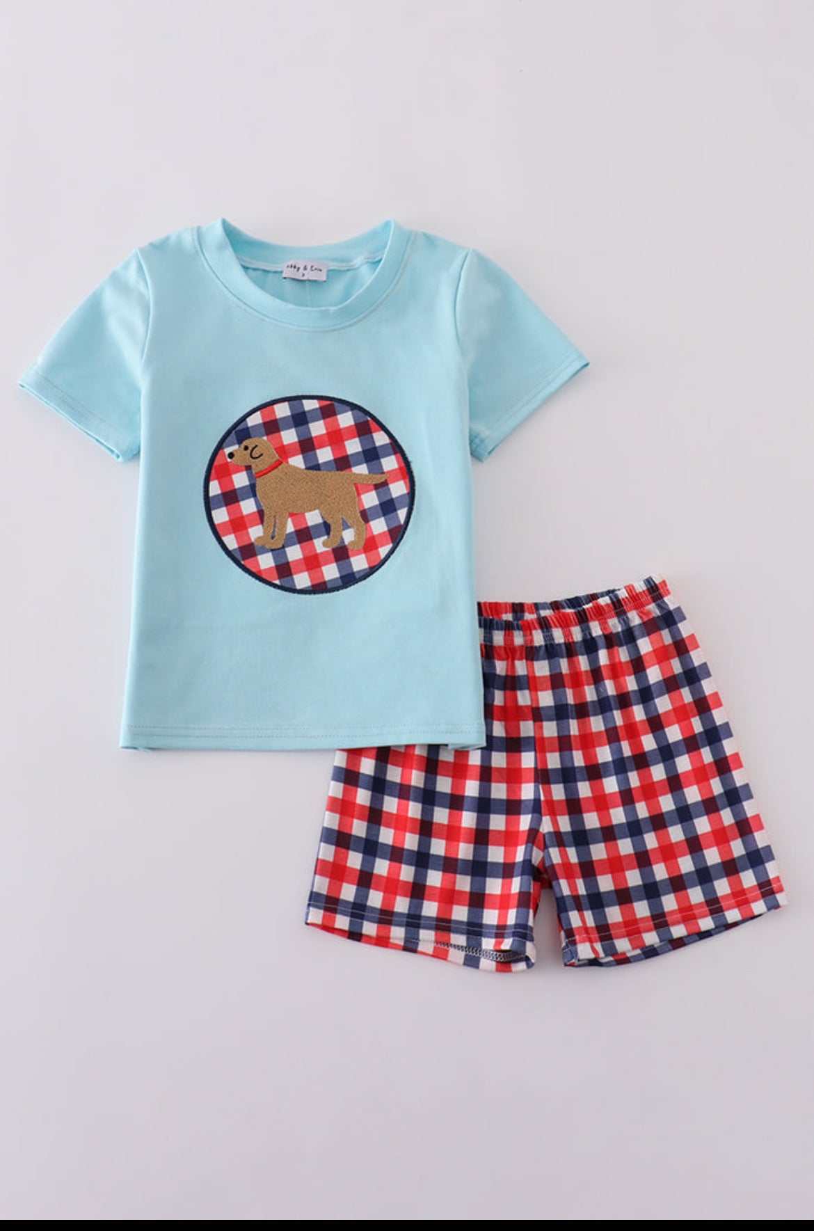 Blue Puppy Gingham Appliqué Boy’s Short Set.