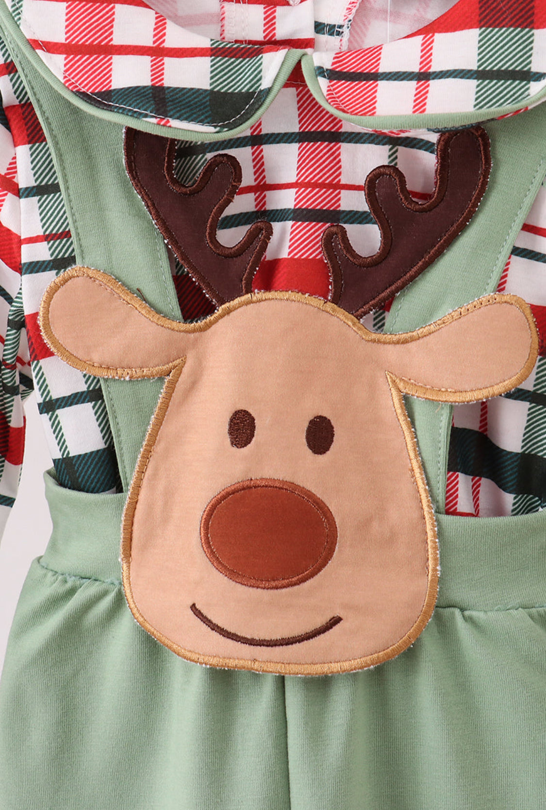 Green Christmas Reindeer Appliqué Plaid 2pc Boy’s Jumpsuit Set