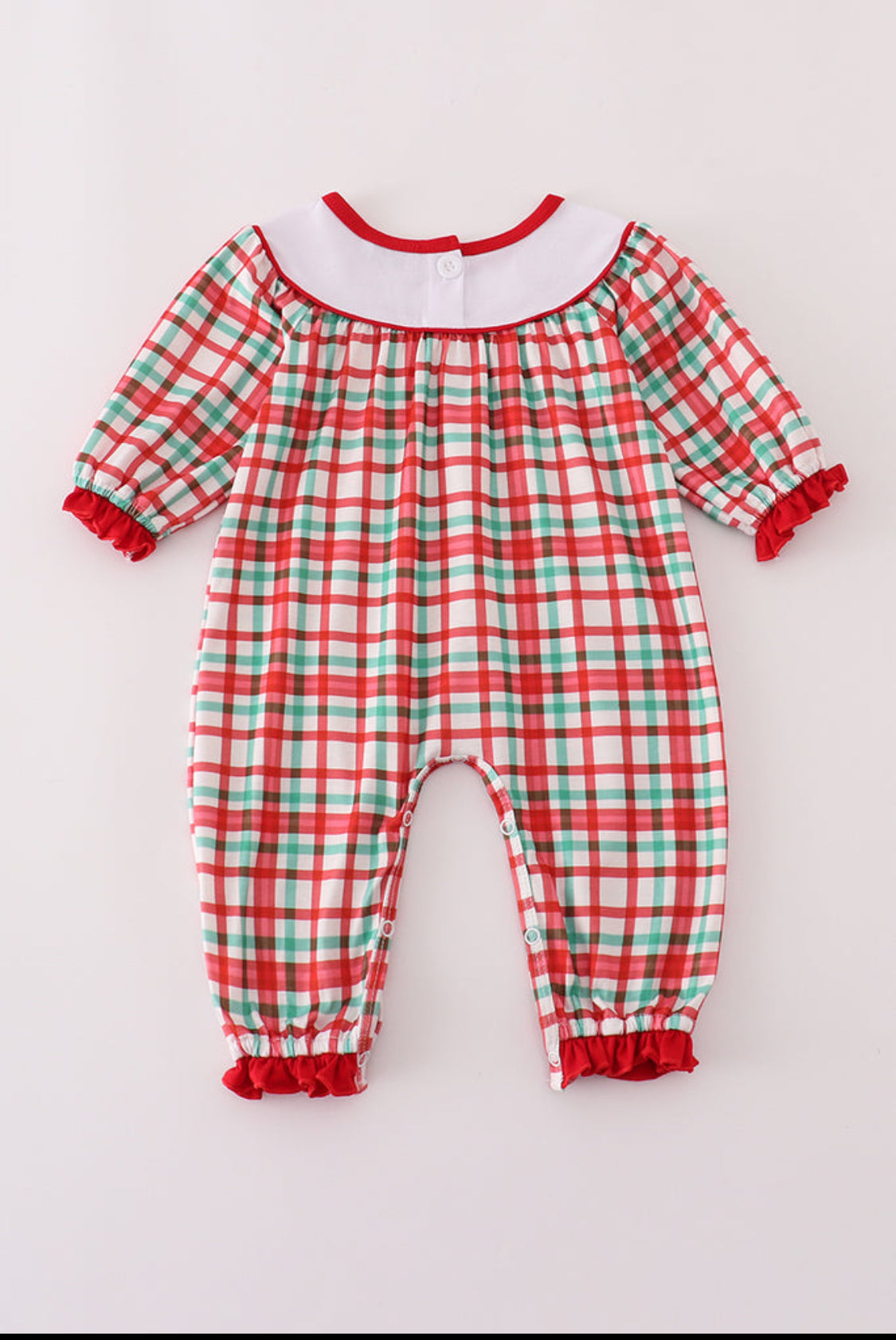 Red Santa Claus Embroidery Plaid Ruffle Girl’s Romper