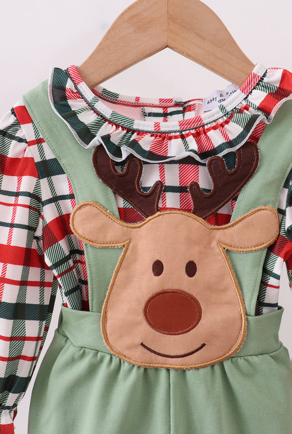 Green Christmas Reindeer Appliqué Ruffle Girl’s Jumpsuit Set