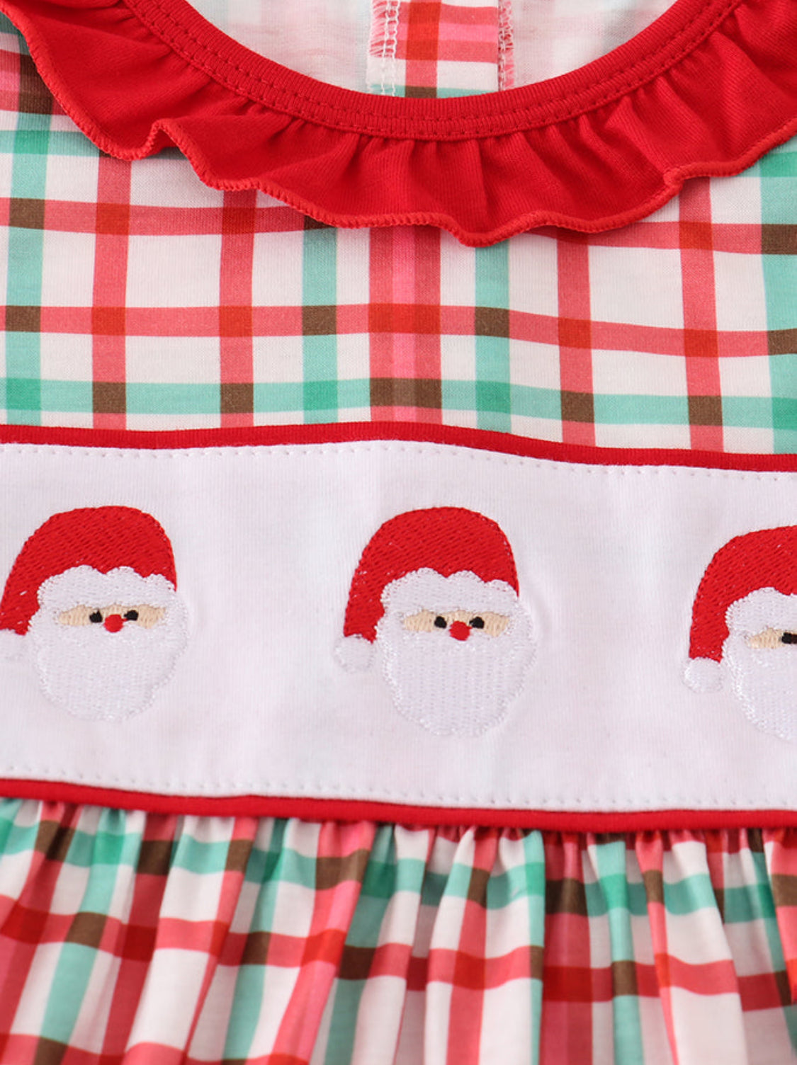 Red Santa Claus Embroidery Plaid Ruffle Dress
