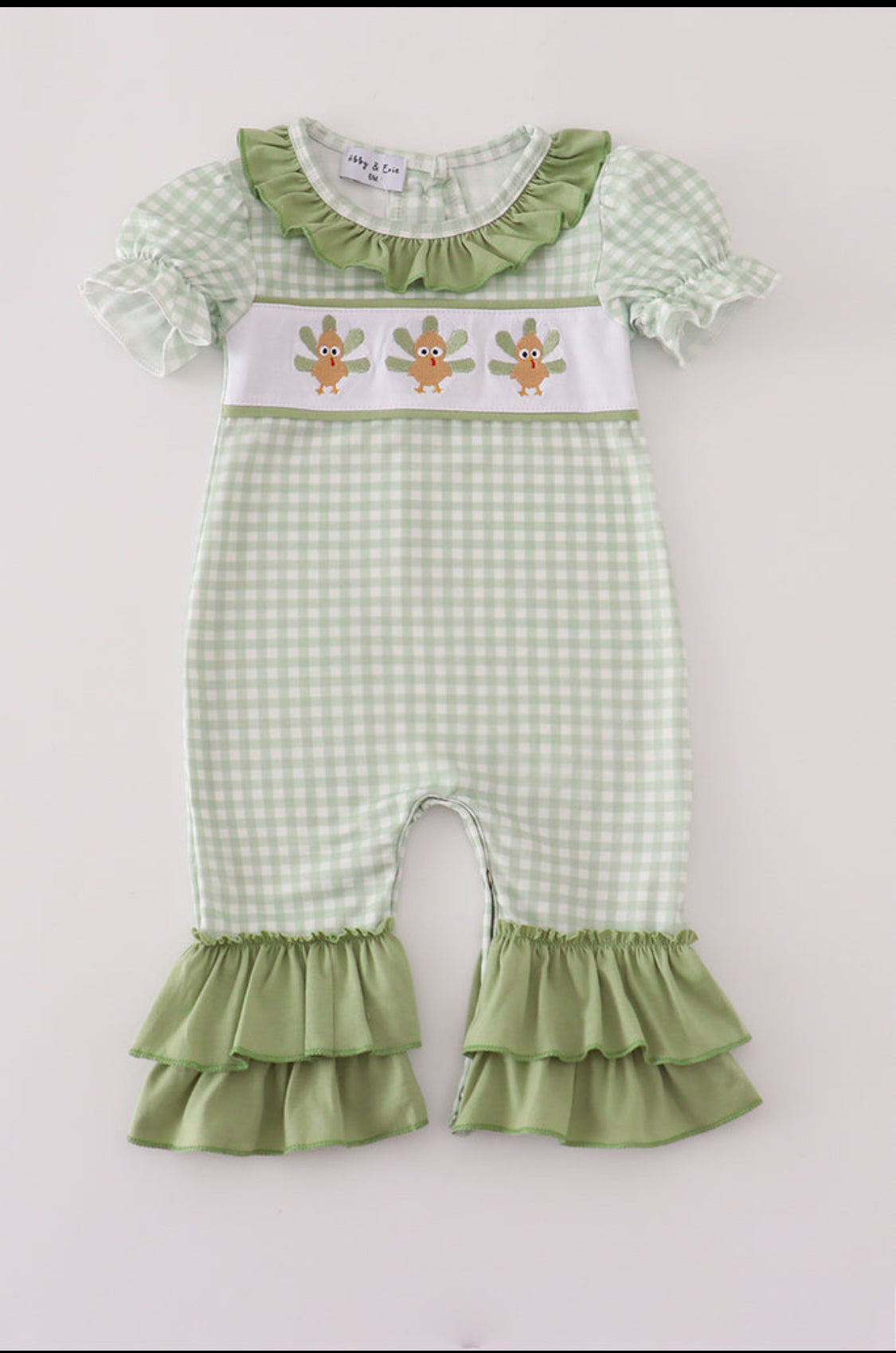 Sage Turkey Embroidery Gingham Ruffle Girl’s Romper