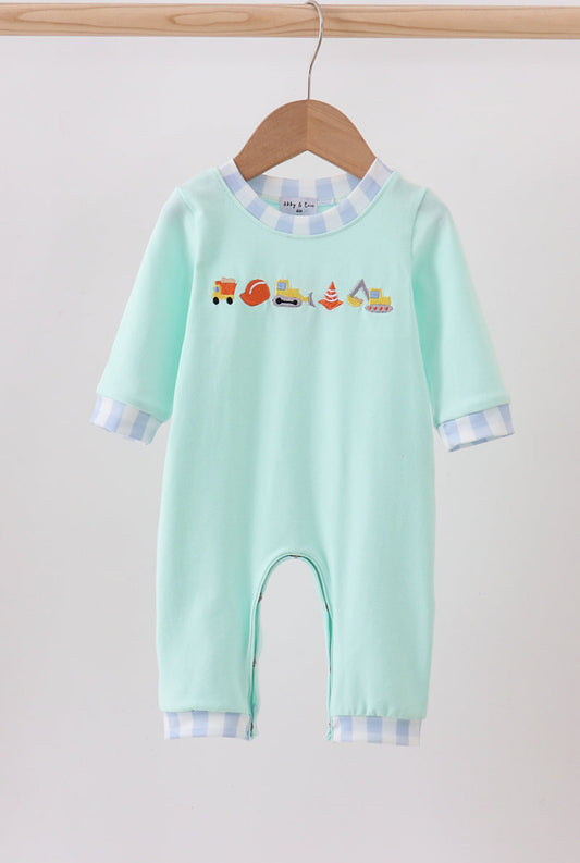 Green Vehicle Embroidery Boy’s Romper