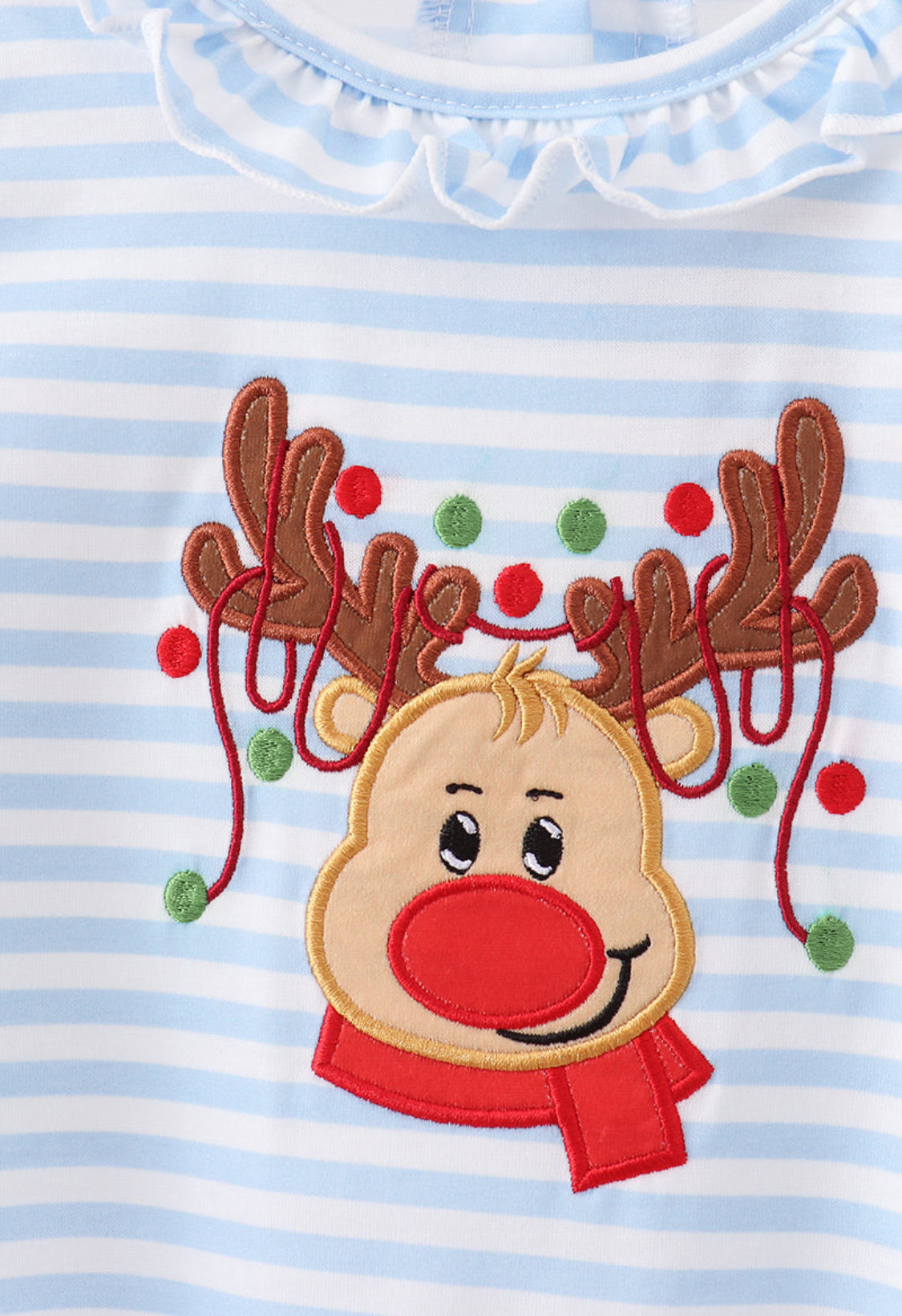Blue Stripe Reindeer Appliqué Ruffle Girl’s Romper