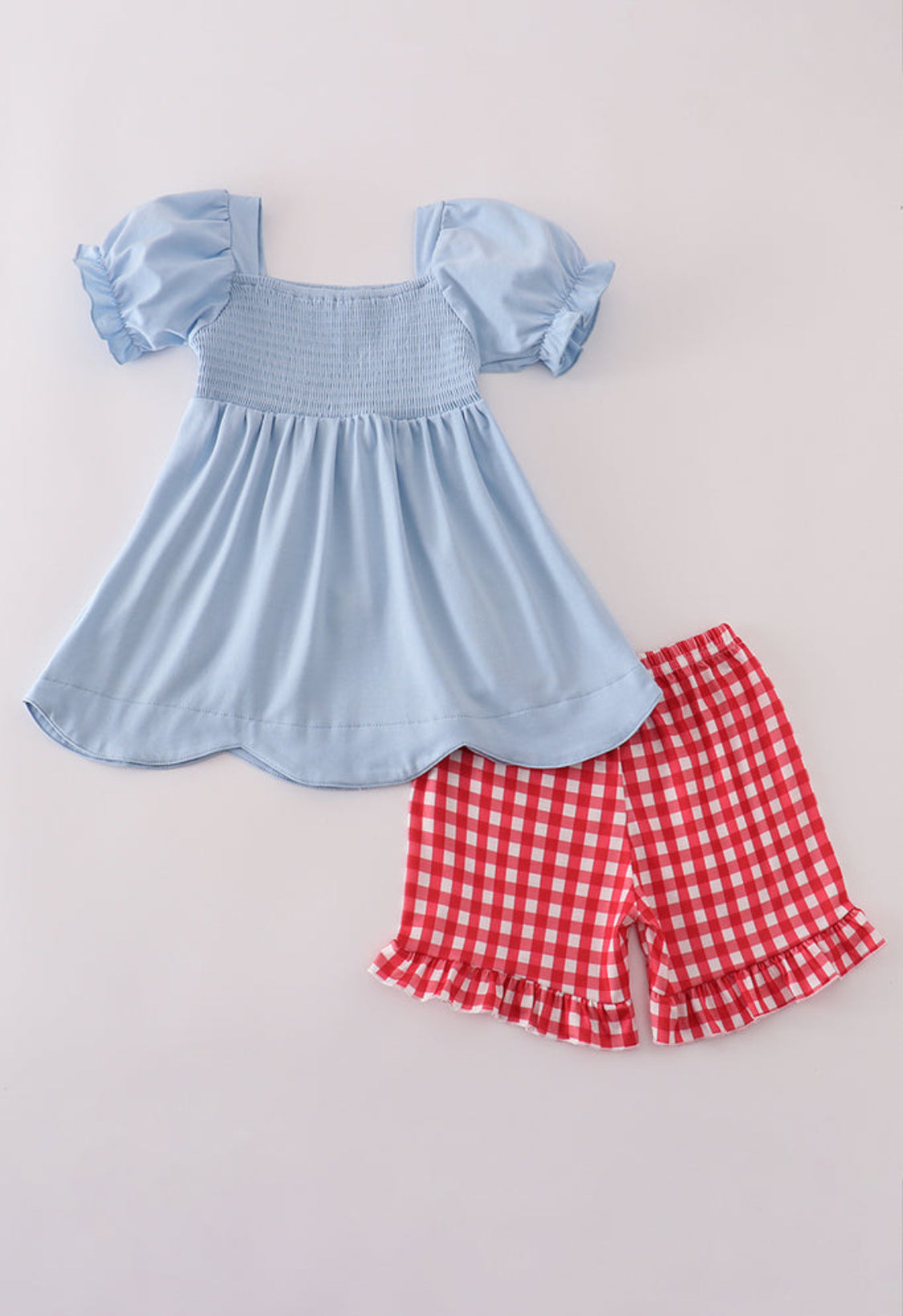 Blue Apple Appliqué Smocked Girl’s Ruffle Short Set