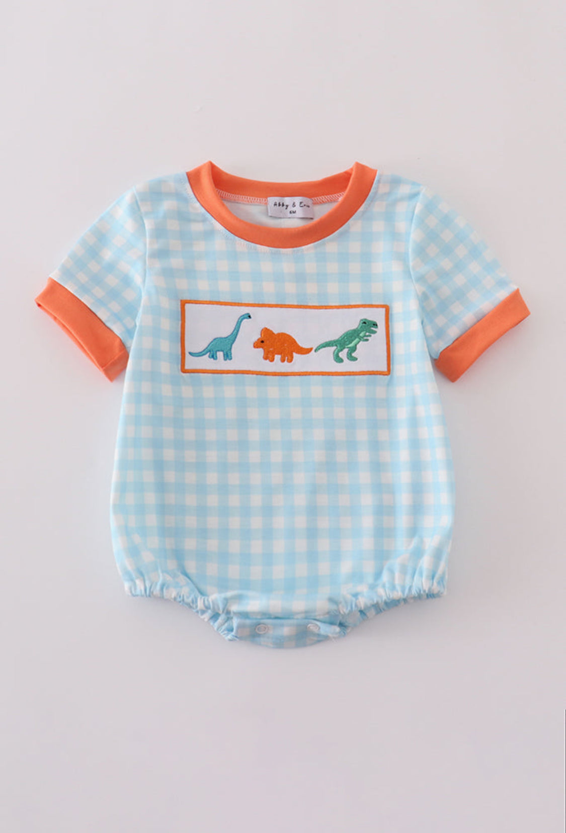 Blue Dinosaur Embroidery Gingham Boy’s Bubble