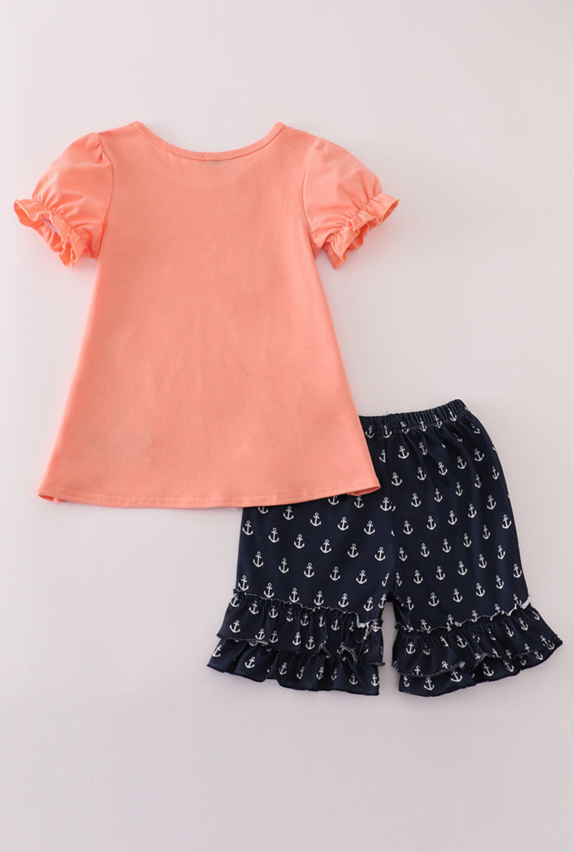 Coral Sailboat Appliqué Ruffle Girl’s Shorts Set