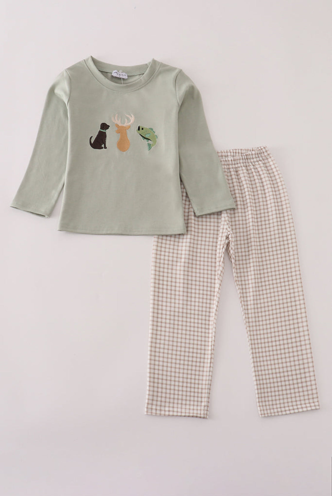 Blue Dog Deer Embroidery Boy Pants Set