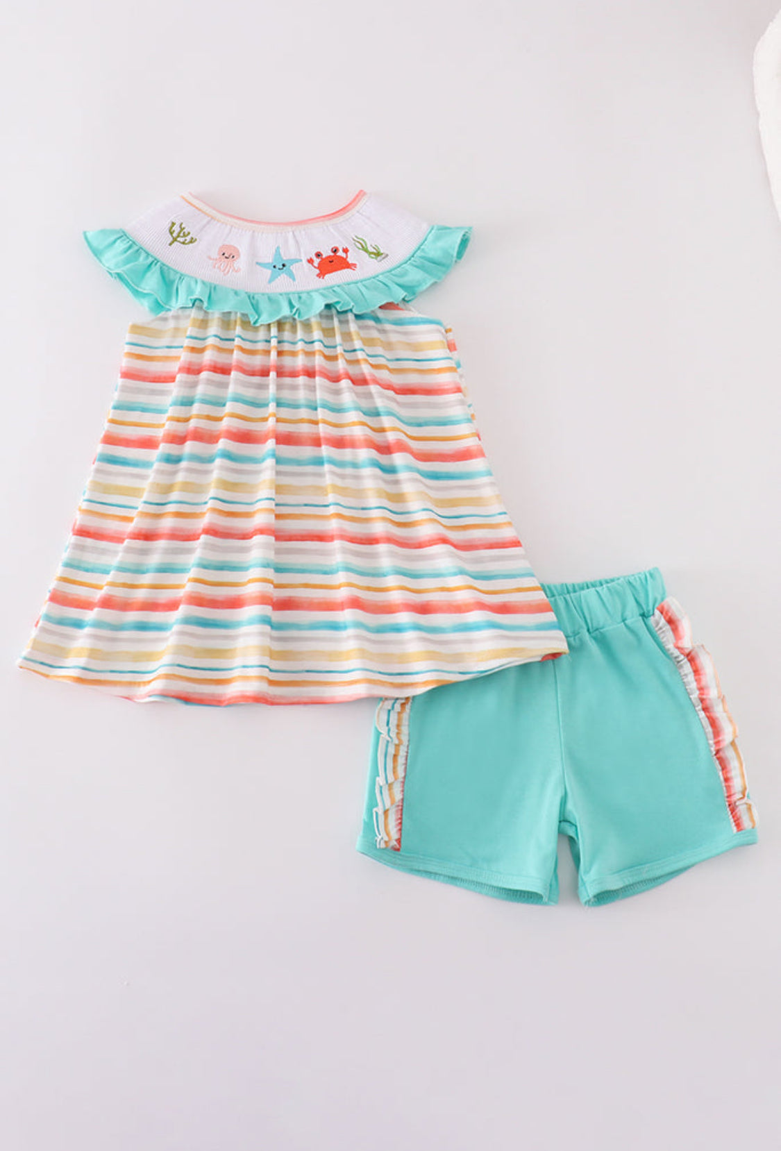 Rainbow Stripe Marine Creature Embroidery Smocked Girl’s Shorts Set