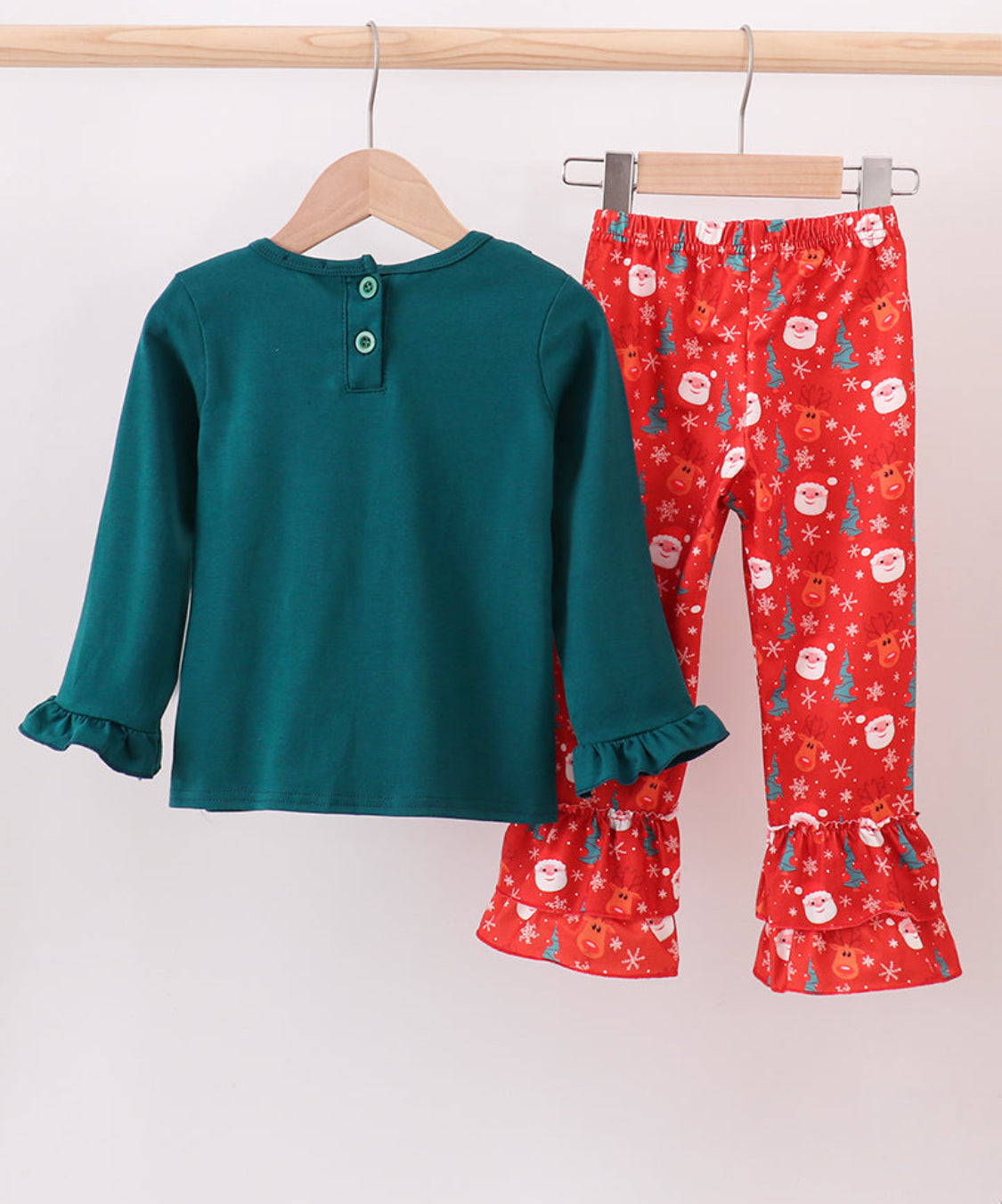 Green Christmas Santa Claus Embroidery Ruffle Girl’s Pants Set
