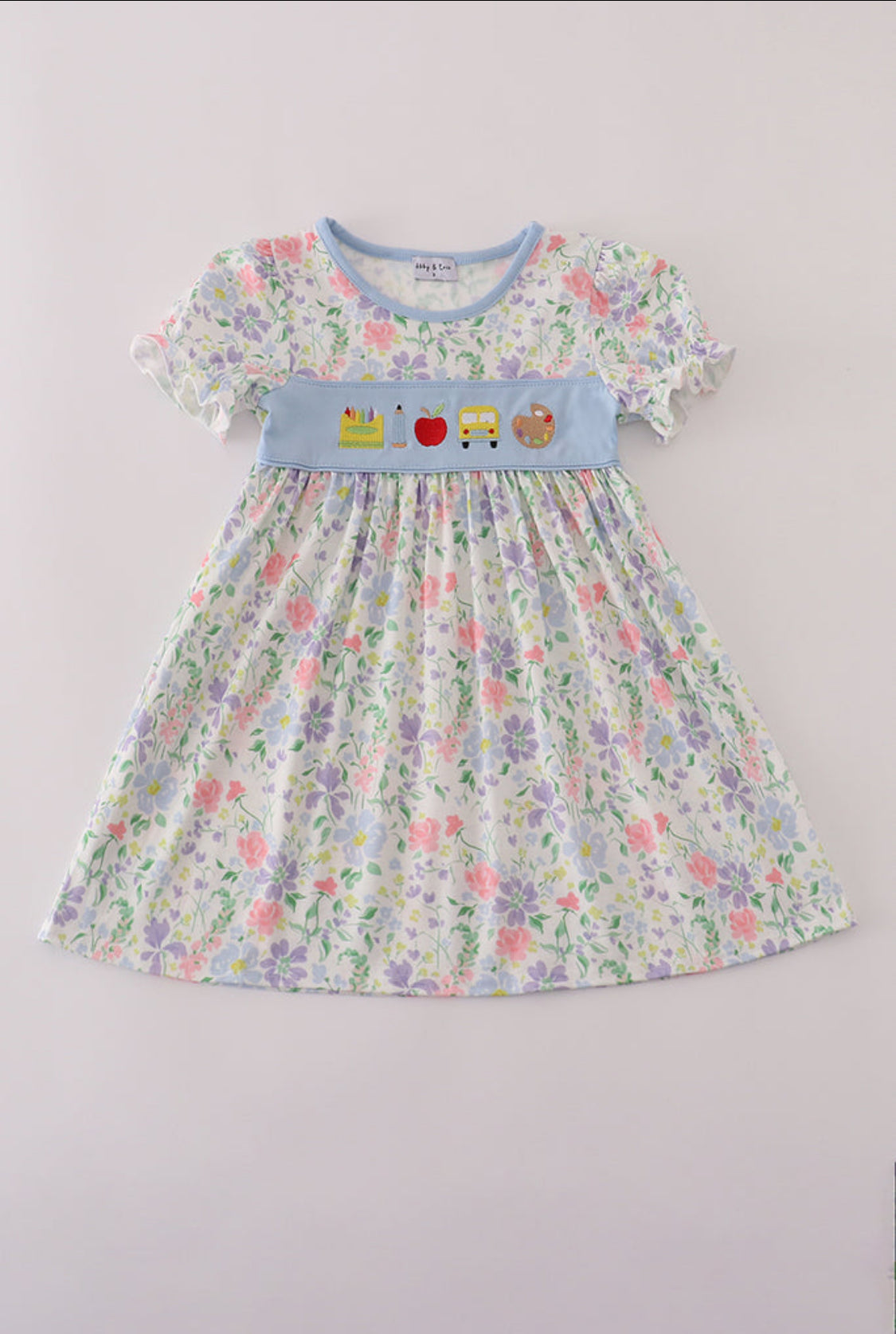 Floral Print Crayon Apple Embroidery Ruffle Dress