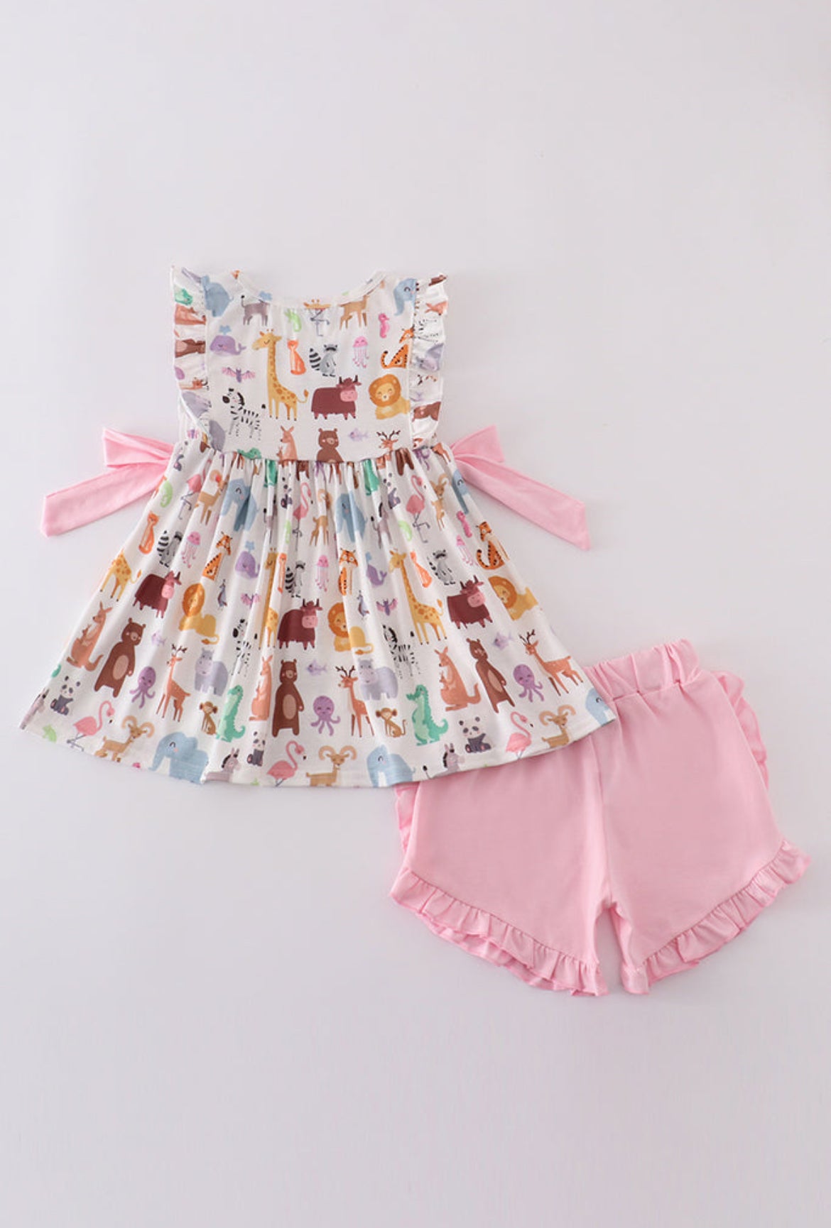 Pink Zoo Animals Print Bow Ruffle Set