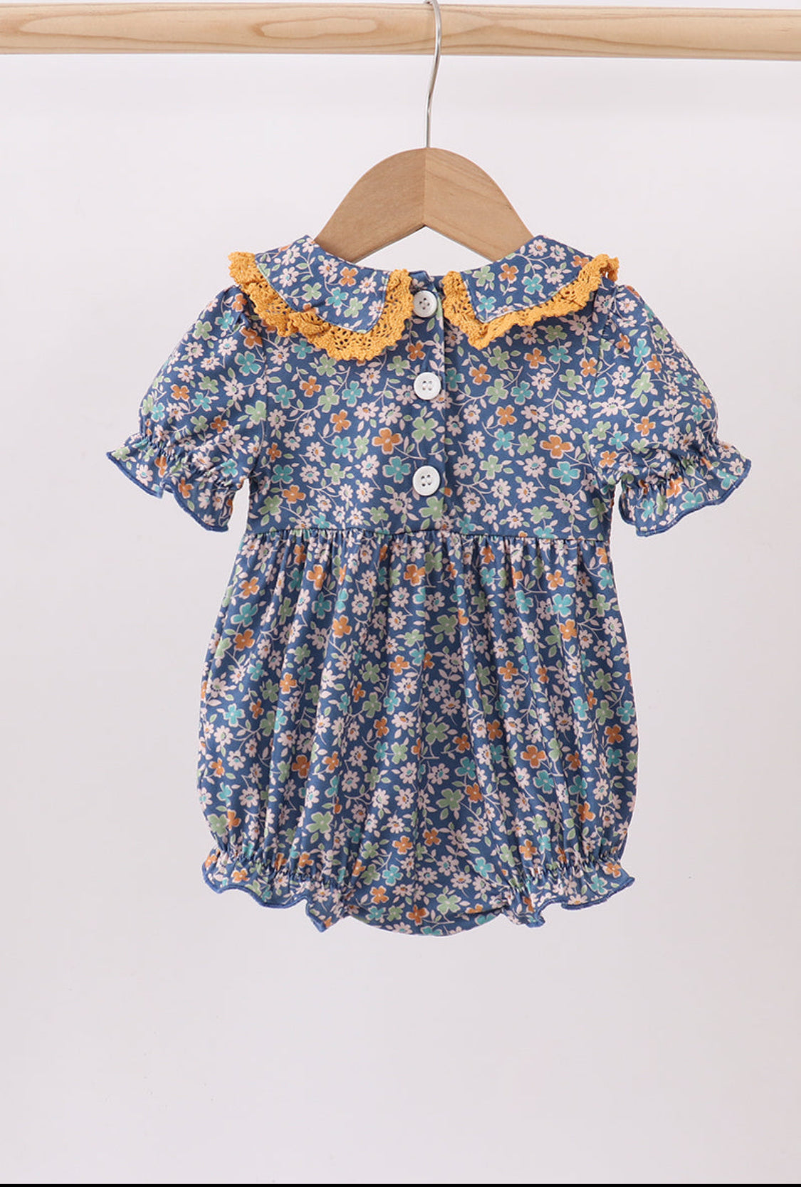 Navy Floral Smocked Ruffle Girl’s Bubble