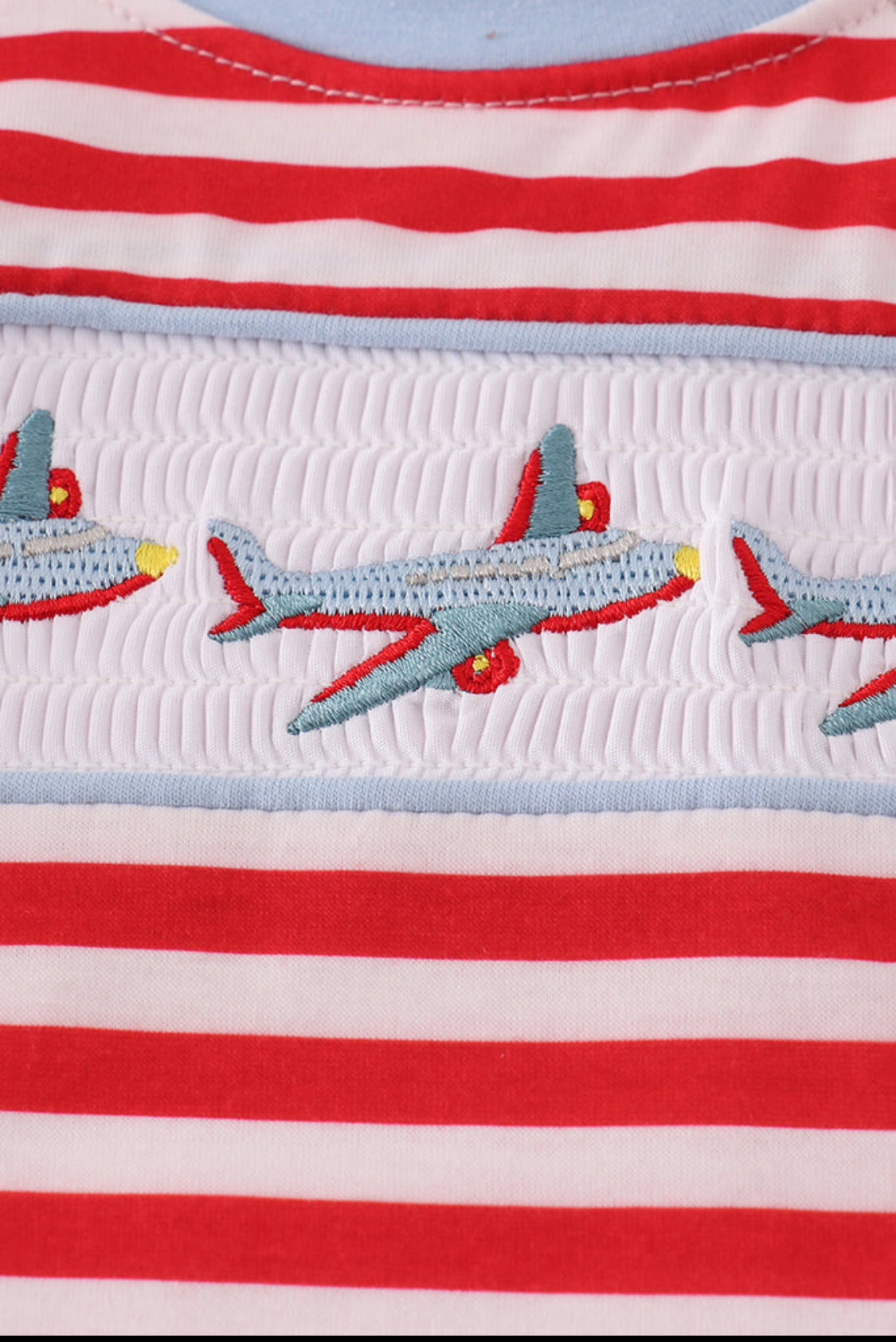 Red Airplane Embroidery Stripe Boy’s Romper