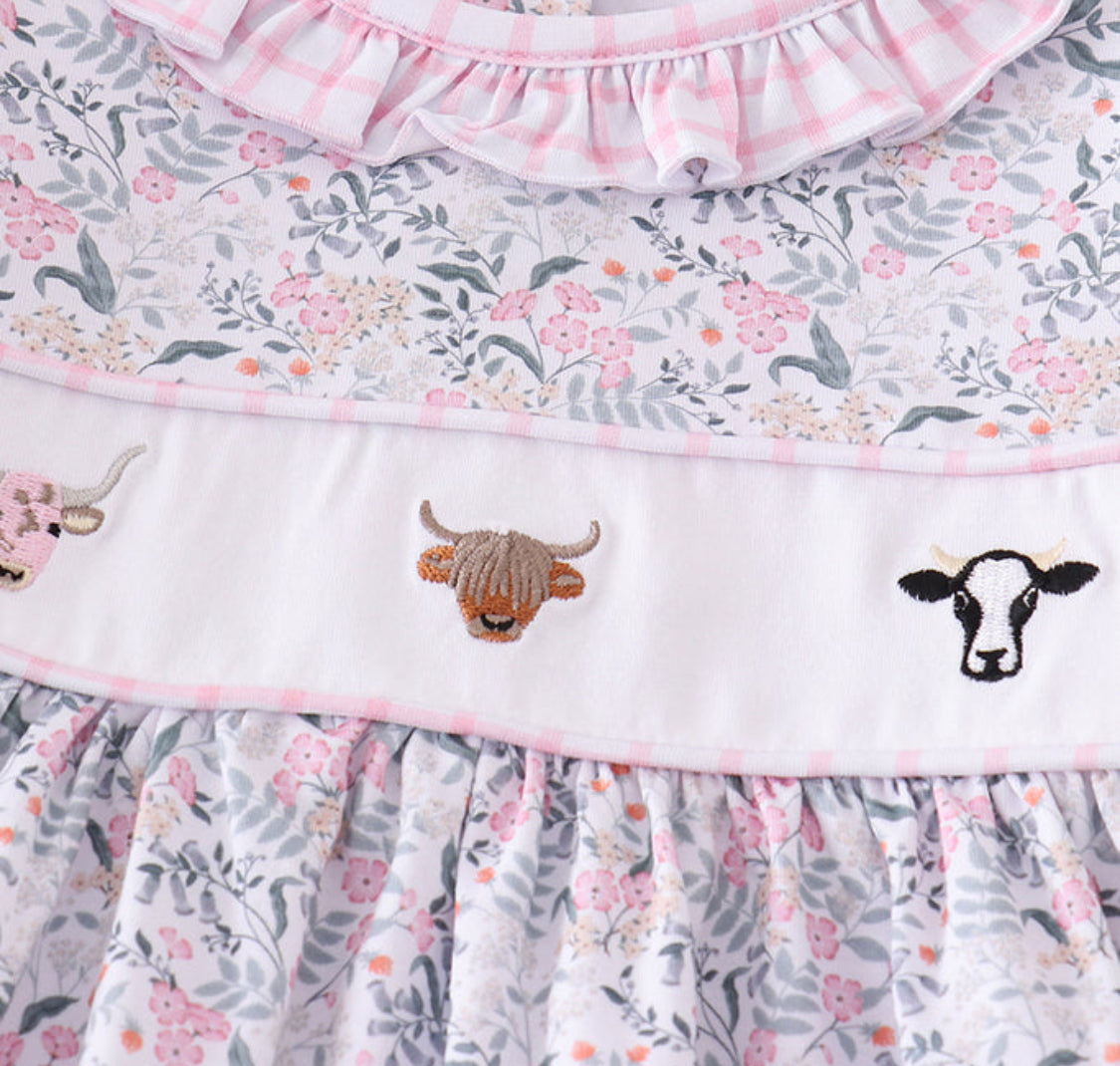Premium Floral Print Cow Embroidery Girl’s Romper