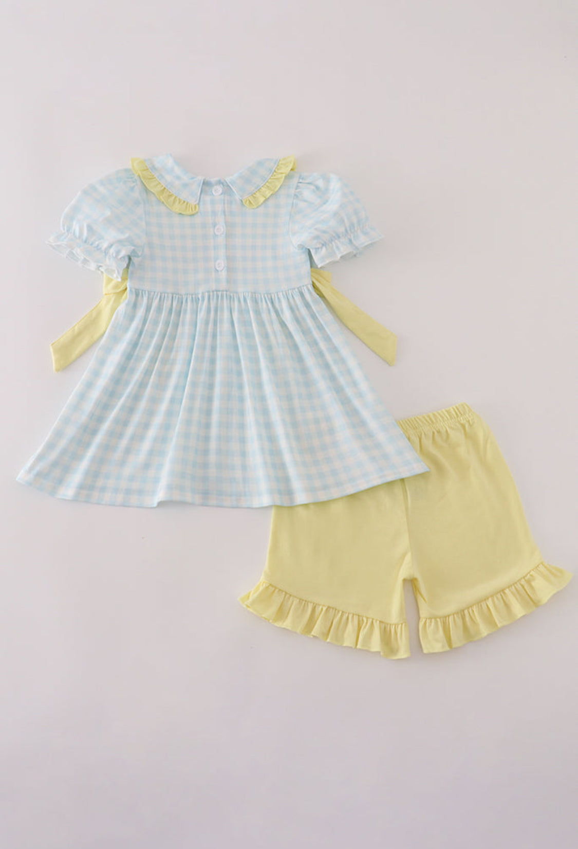 Blue Character Embroidery Gingham Ruffle Girl’s Short Set