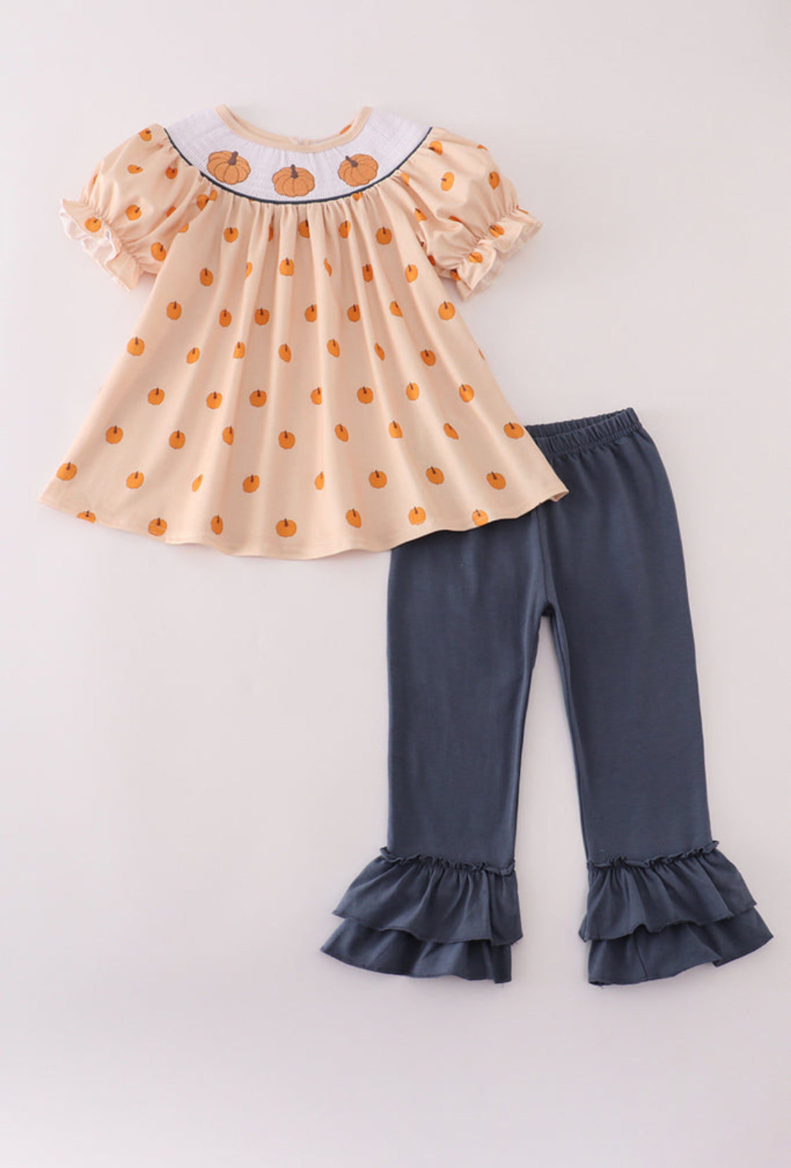 Khaki Embroidery Smocked Ruffle Girl’s Pants Set