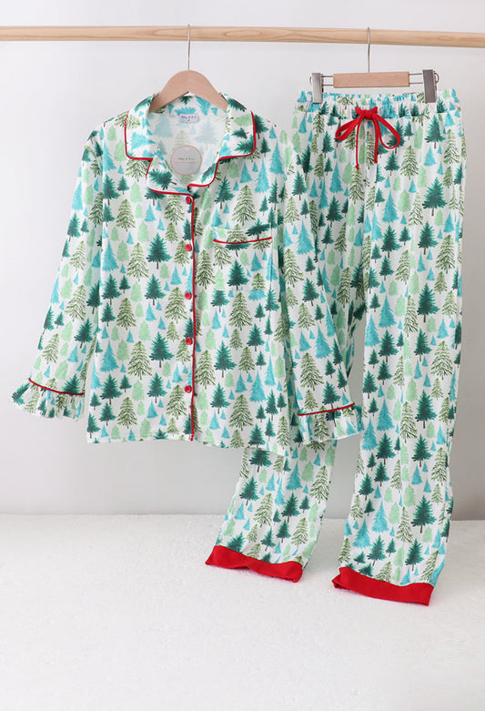 Green Christmas Tree Print MOM Pajamas Set