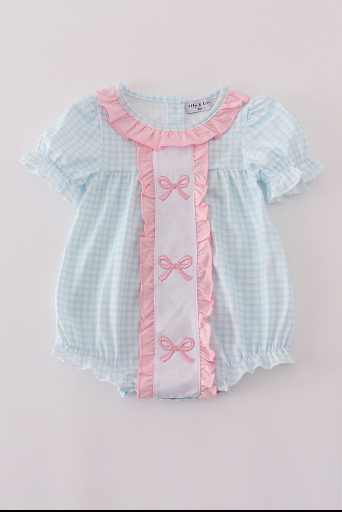 Blue Bow Embroidery Gingham Ruffle Girl’s Bubble
