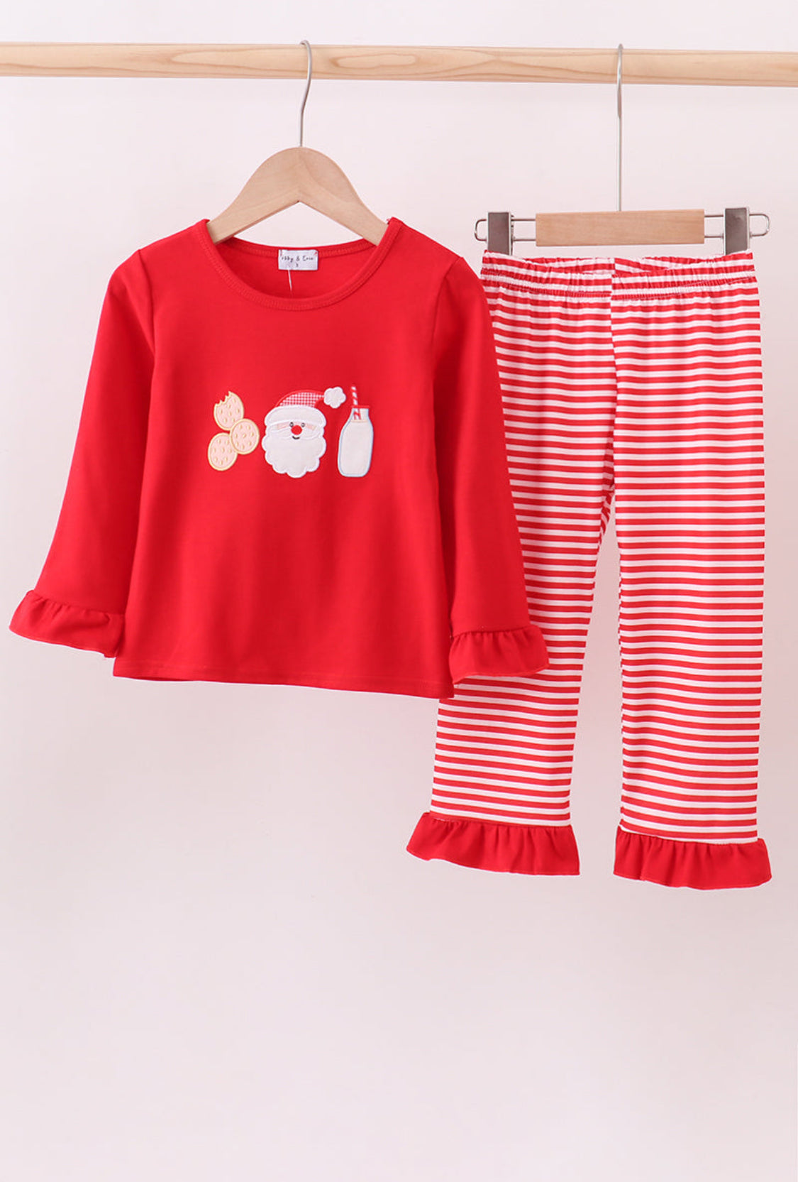 Red Santa Claus Biscuit Milk Appliqué Ruffle Stripe Girl’s Pants Set