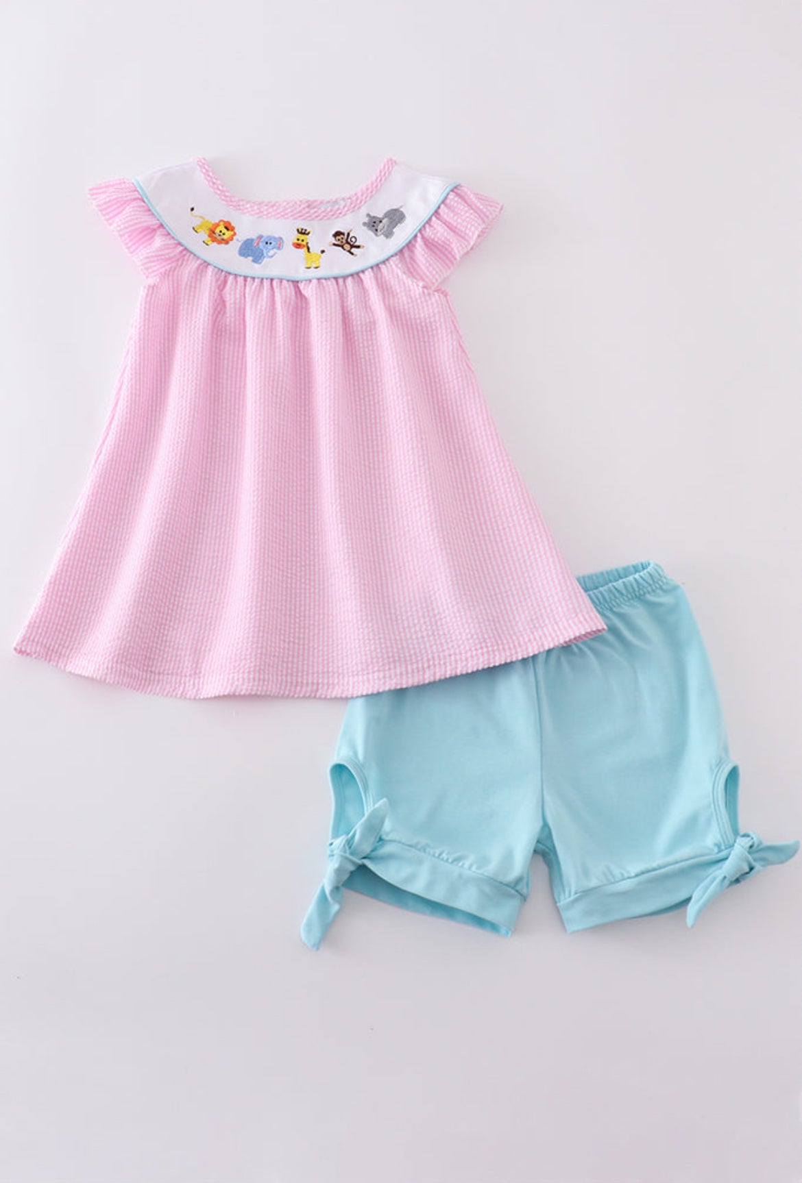 Pink Seersucker Animal Embroidery Girl’s Short Set