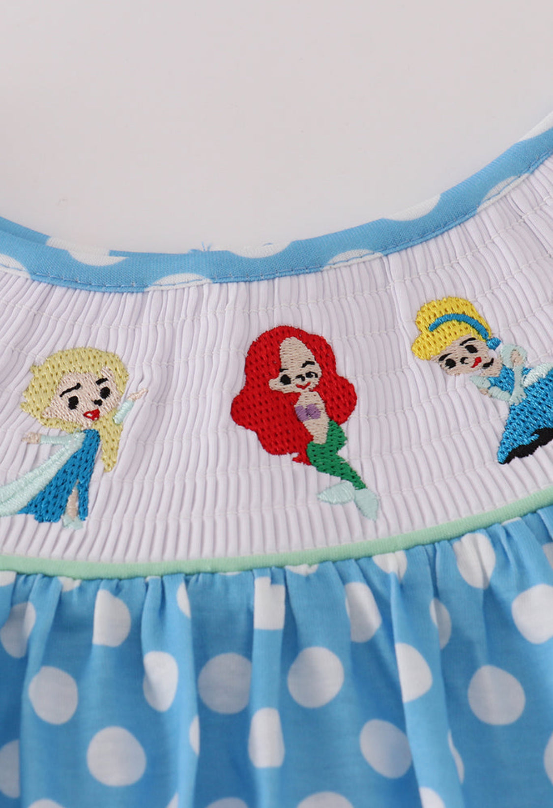 Blue Dot Character Embroidery Smocked Dress