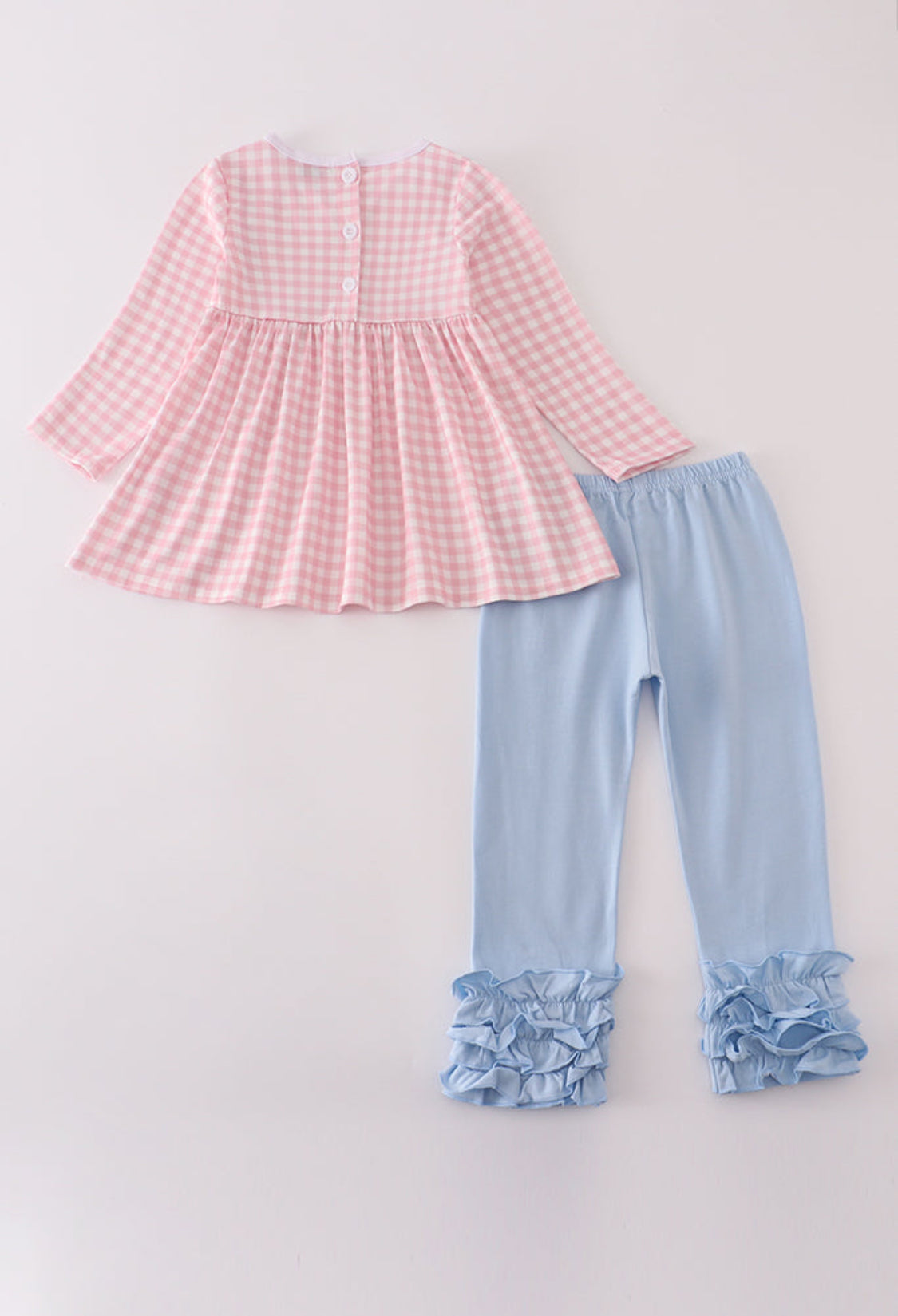 Pink Princess Castle Embroidery Gingham Ruffle Girl’s Pants Set
