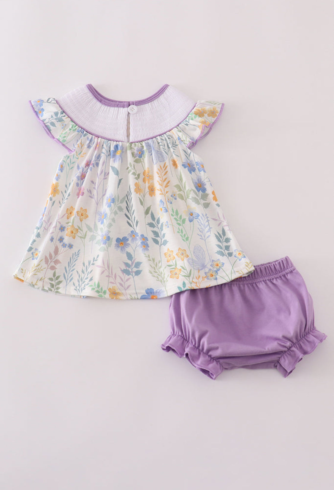 Purple Floral Embroidery Smocked Girl’s Bloomer Set
