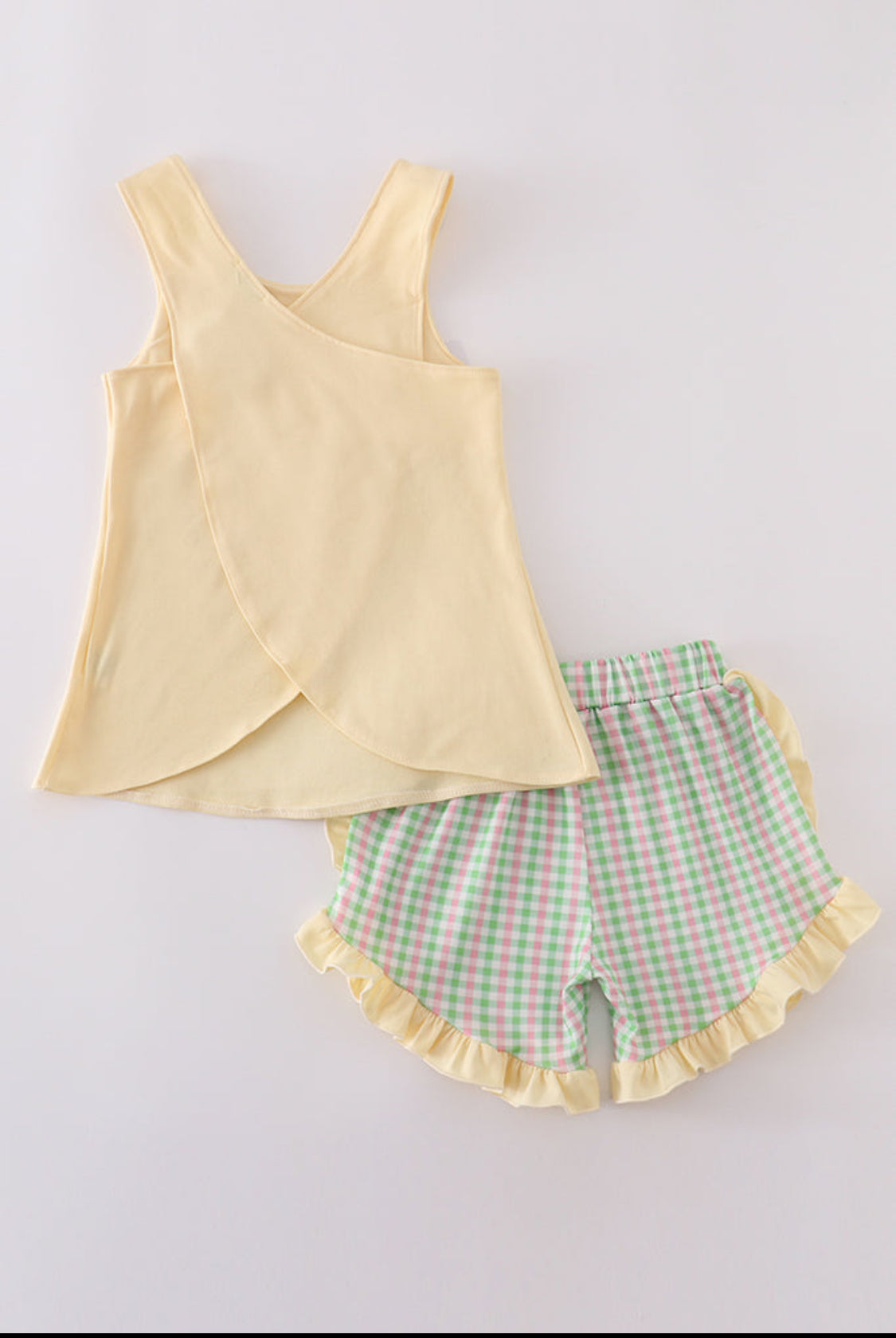 Yellow Golf Cart Appliqué Gingham Girl’s Ruffle Short Set