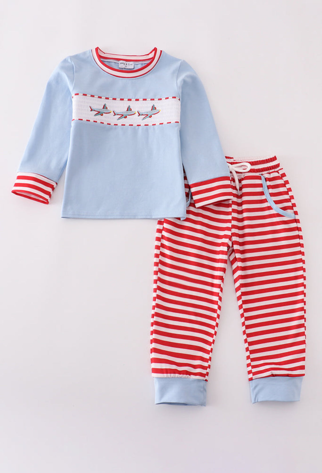 Blue Airplane Embroidery Stripe Boy’s Pants Set